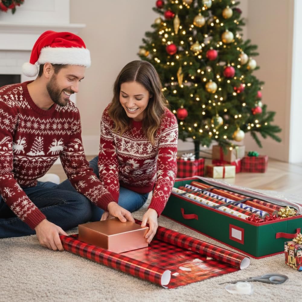 Premium Geschenkpapier-Aufbewahrungsbehälter – strapazierfähiges Material 600D reißfest – passend für bis zu 27 Papierrollen – Extra Taschen für Bänder und Schleifen –