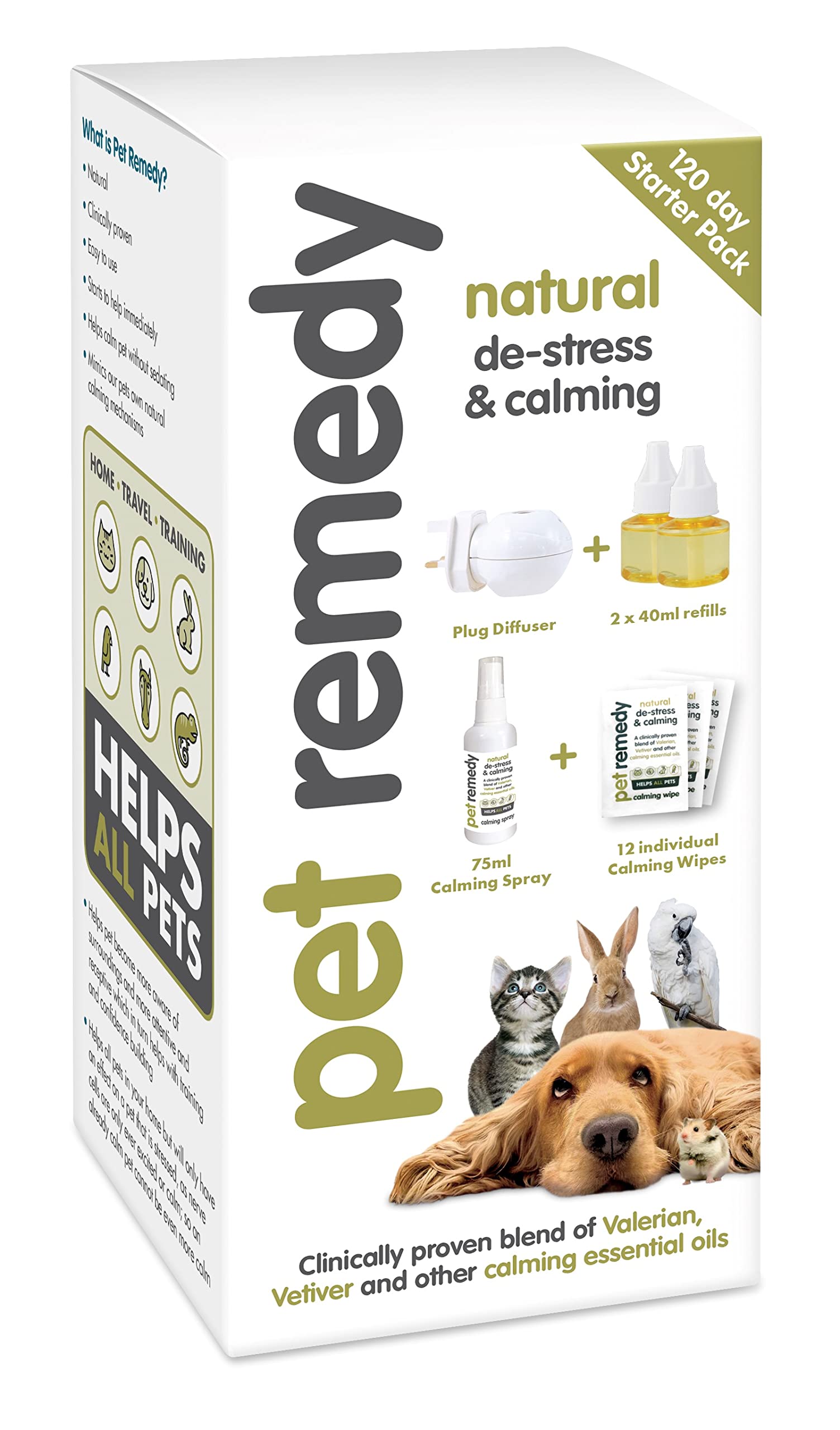 Pet Remedy Natural Calming for All Pets. Extra Value Starter Kit. 120 day diffuser, 75ml Calming Spray, 12 x Calming Wipes.
