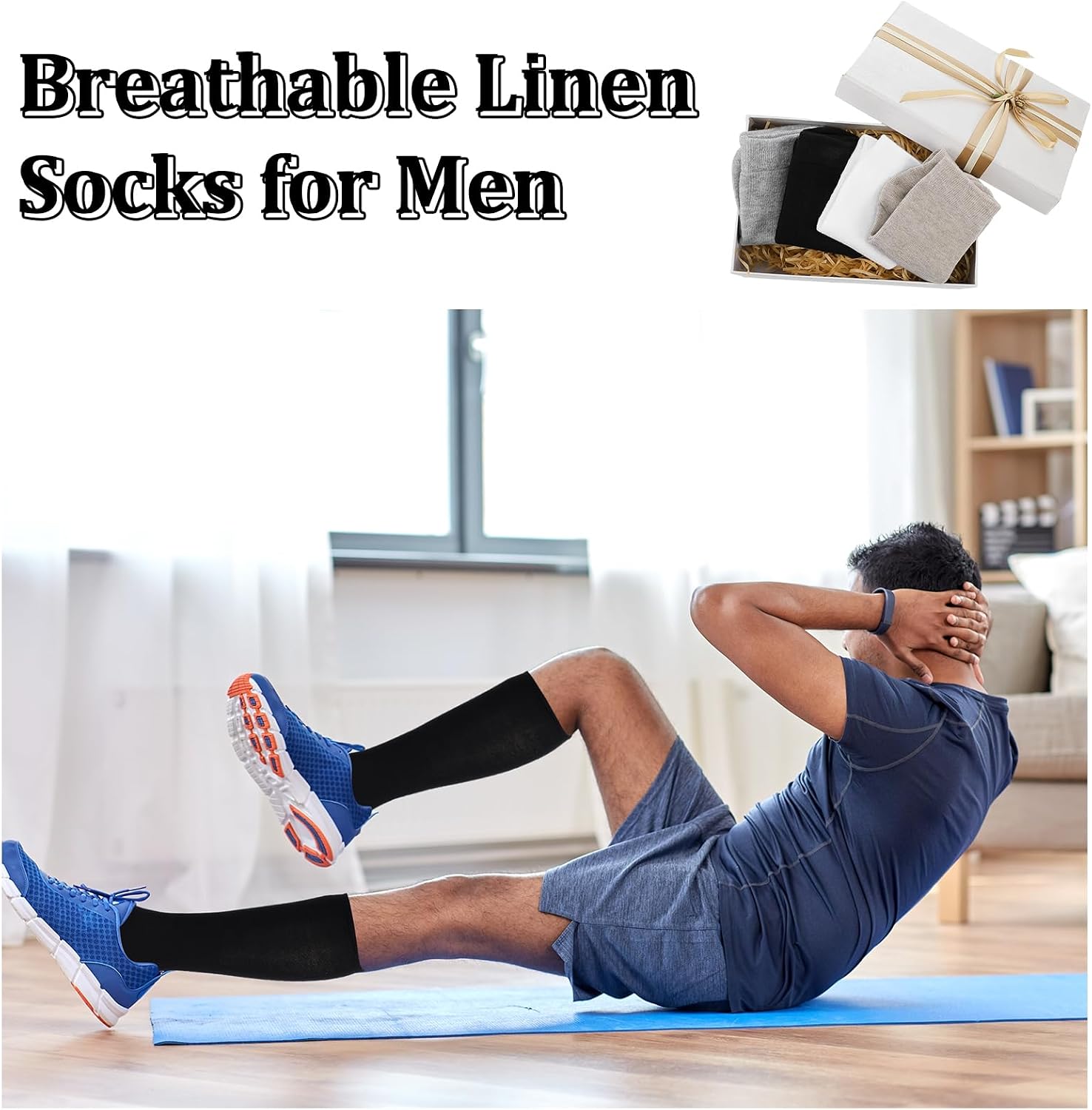 Twistover 4 Pairs Knee High Linen Socks for Men Thin Moisture-wicking Breathable Linen Socks Dress Stockings for Outfits Formal Wear Combinations Casual Working