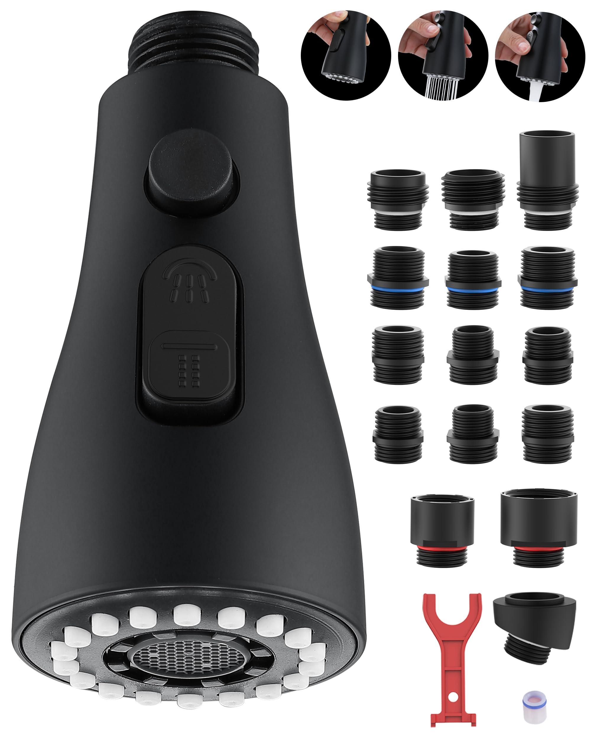 Kitchen Faucet Head Replacement with 15 Adapters - 3 Functions Pull Down Spray Head for Kitchen Faucet, Pull Out Faucet Sprayer Head Nozzle, Kitchen Sink Faucet Sprayer Head Replacement, Matte Black