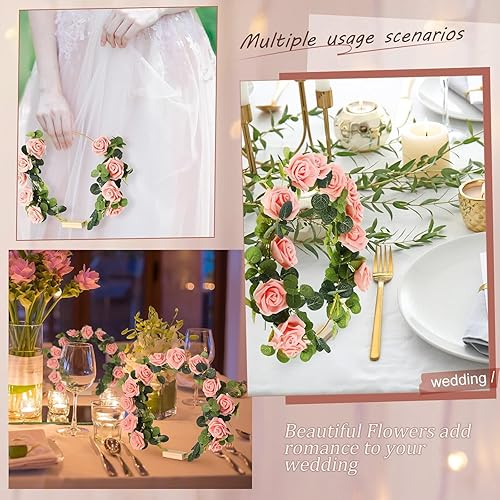 Miniatura 8 de El kit de 6 centros de mesa de aro floral incluye 6 anillos de corona de metal con 6 bases de madera, 25 rosas para decoración de mesa de boda en el