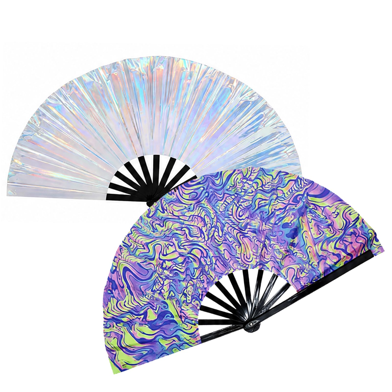 PUQGAOIP Large Holographic Rave Fan, 13 Inch Bamboo Folding Fan for Festivals and Disco, Iridescent Hand Fan for Dance Performances, Perfect Rave Accessories for Women and Party Outfits