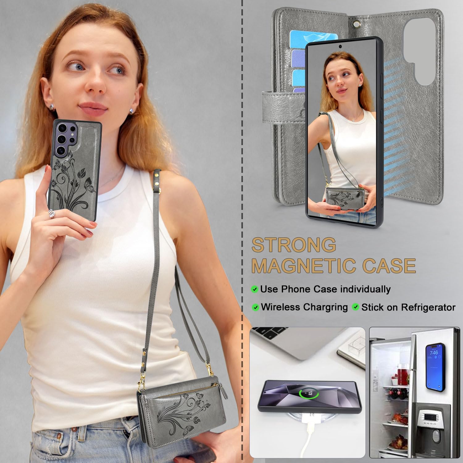 Lacass for Samsung Galaxy S25 Ultra Detachable Crossbody Wallet Case, Compatible with Wireless Charging, [Cards Theft Scan Protection], Magnetic Case Stand PU Leather Zipper(Floral Gray) - Image 3