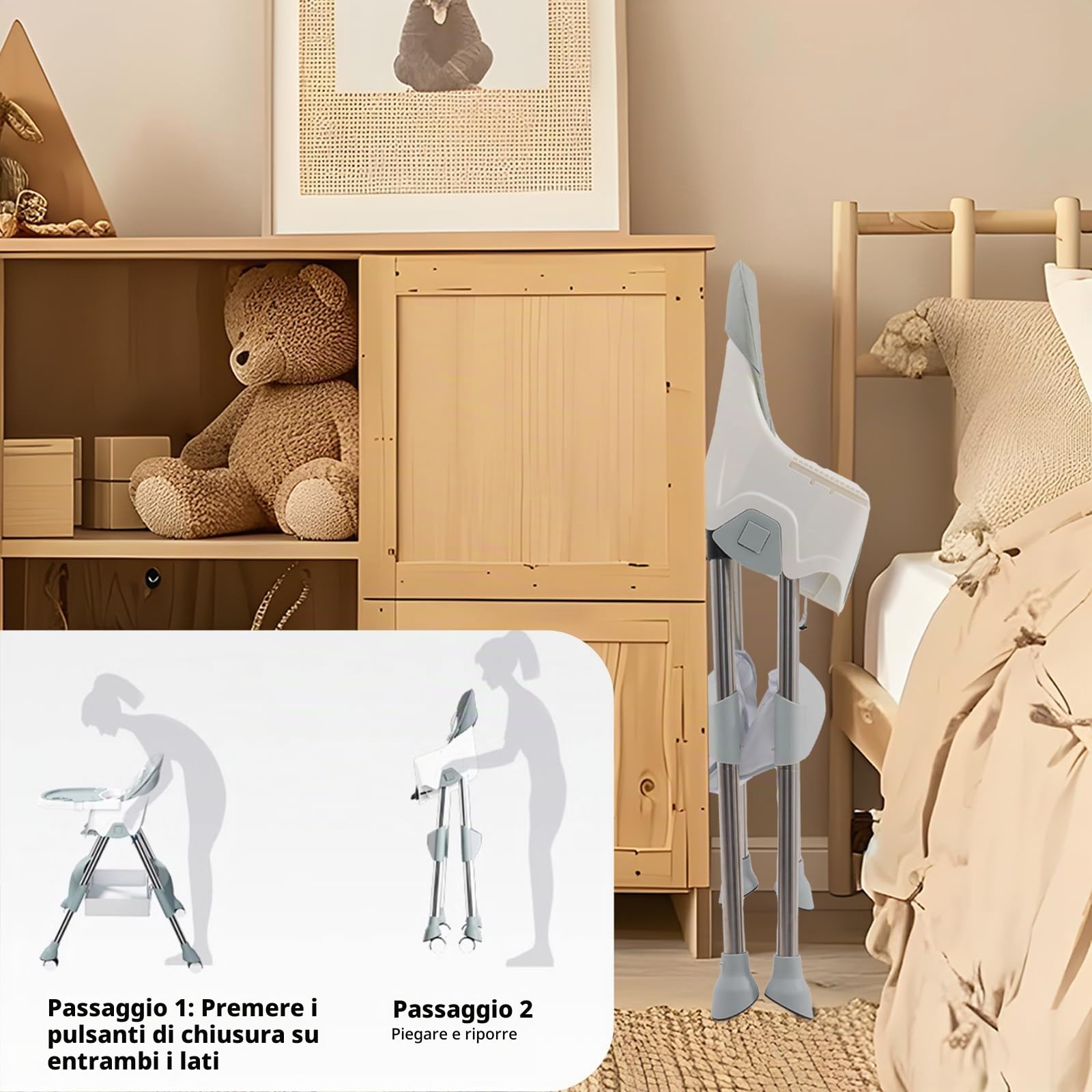 3 in1 Seggiolone Pappa, Seggiolino da Tavolo Pieghevole con tavolo e ruote Seggioline per bambini da 6 Mesi fino a 6 anni, Piatto da Cena Smontabile, Pedale e Schienale Regolabili in Altezza