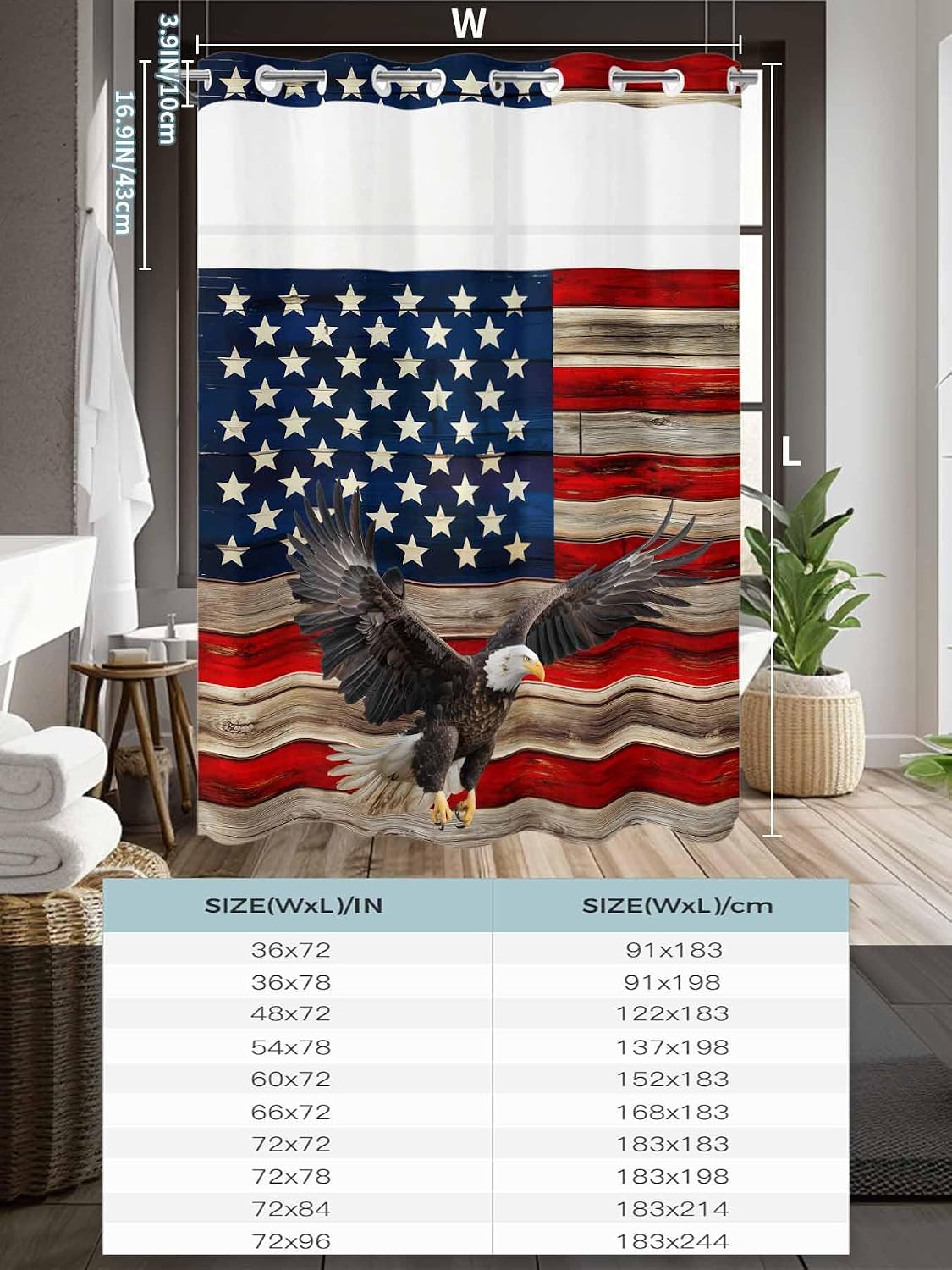No Hook American Flag Shower Curtain with Snap in Liner Set, Eagle Blue Red USA Flag Retro Waterproof Fabric Bathroom Curtains with See Through Top Window, Hotel Style Modern 60 x 72 Inch
