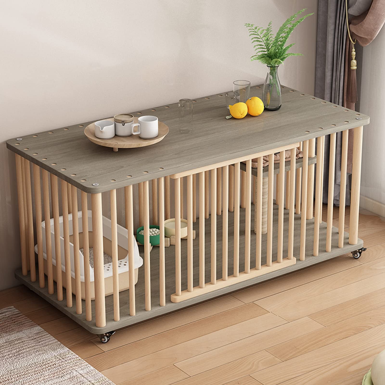 Casas para gatos de interior de madera con puerta, jaulas para gatos interiores grandes con ruedas giratorias de 360°, transpirables y cómodas, cajas para gatos con plataforma (color: B)