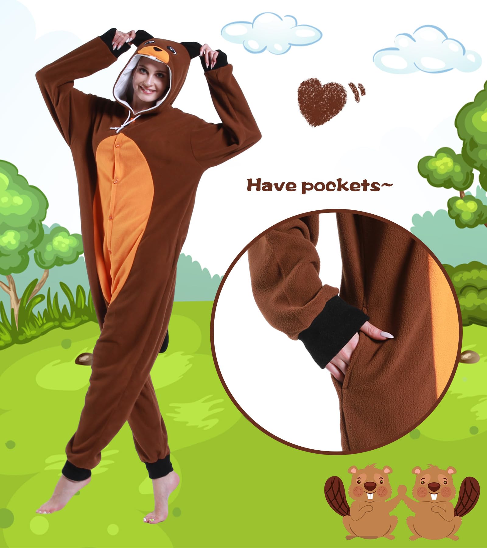 Guturris Pyjama Castor Marron Onesie Cosplay Animal Combinaison d'halloween Une pièce Vêtements de Nuit pour Femmes et Hommes