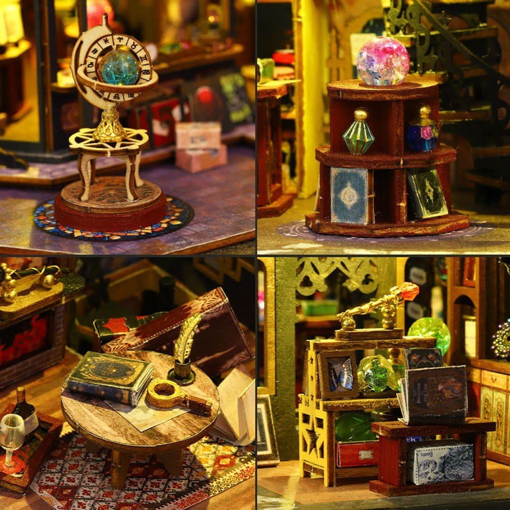 Drewniany zestaw do domku dla lalek, miniaturowy domek dla lalek, zestaw miniaturowy dom ze światłem LED i mi, pomysł na pokój dla dzieci/dorosłych (Book City)