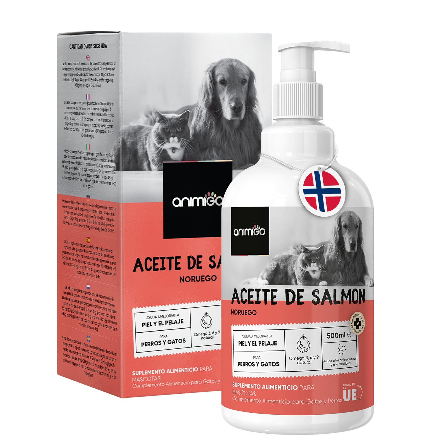 Aceite de Salmón para Perros y Gatos 500ml Natural, Salmón Noruego - Suplemento Barf para Perros y Gatos con Omega 3, Omega 6 y Omega 9 Pelo con Más Brillo, Piel Sana e Hidratada, Para Articulaciones