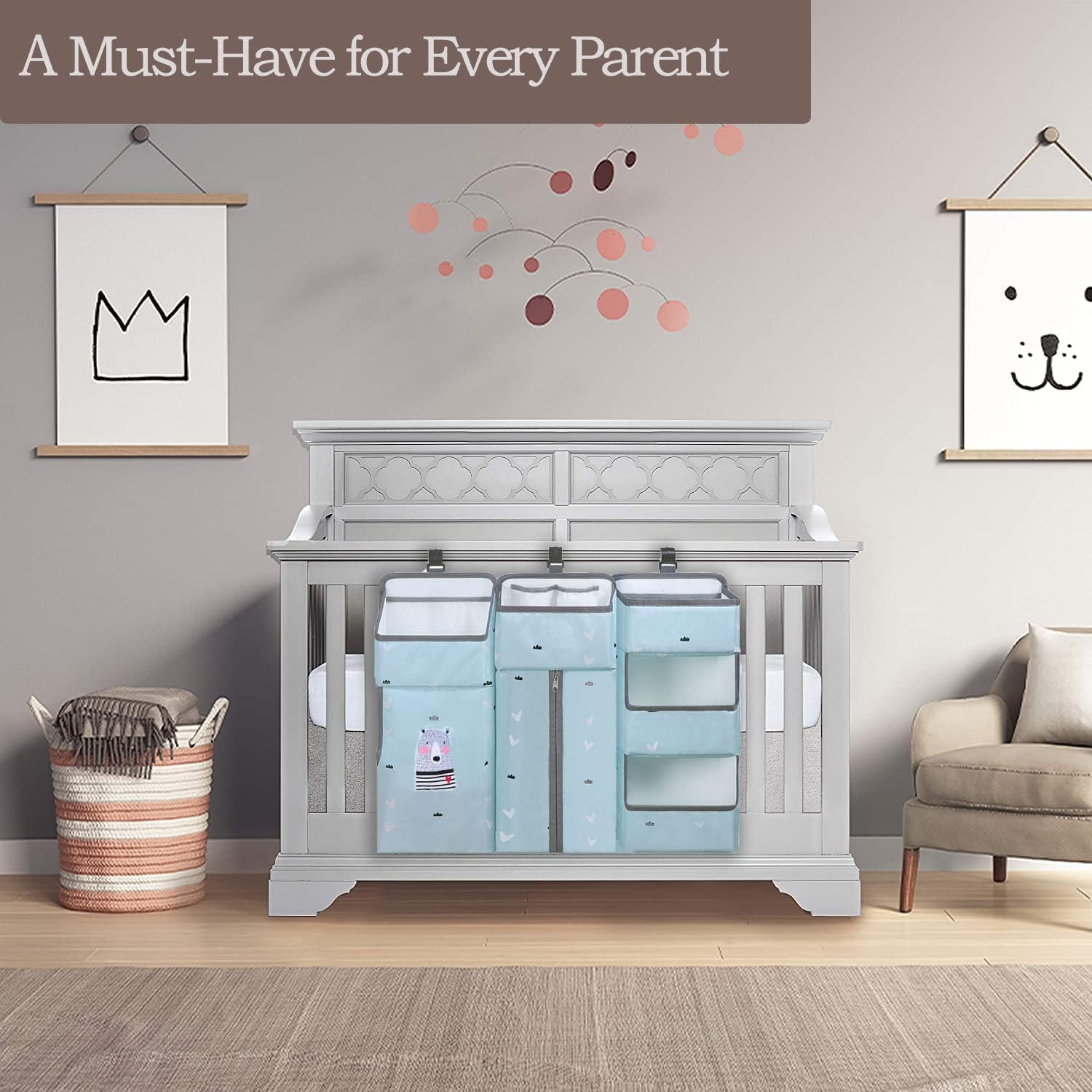 Hanging Diaper Caddy Organizer for Baby Crib - 3-in-1 Diaper Stacker for Changing Table Nursery Organization Storage Holder for Baby Essentials Attachment Portable Combining (Sky Blue)