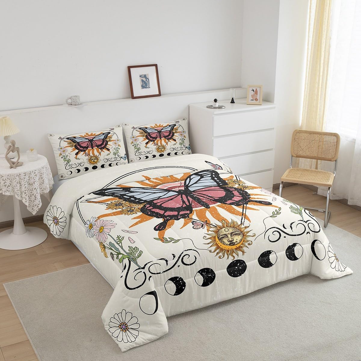Erosebridal Hippie Butterfly Comforter Set Twin Sun and Moon Bedding Set, Tribal Moon Phase Bedding Comforter Sets Wild Animal Duvet Triangle Quilted Comforter Vintage Grunge Room Decor