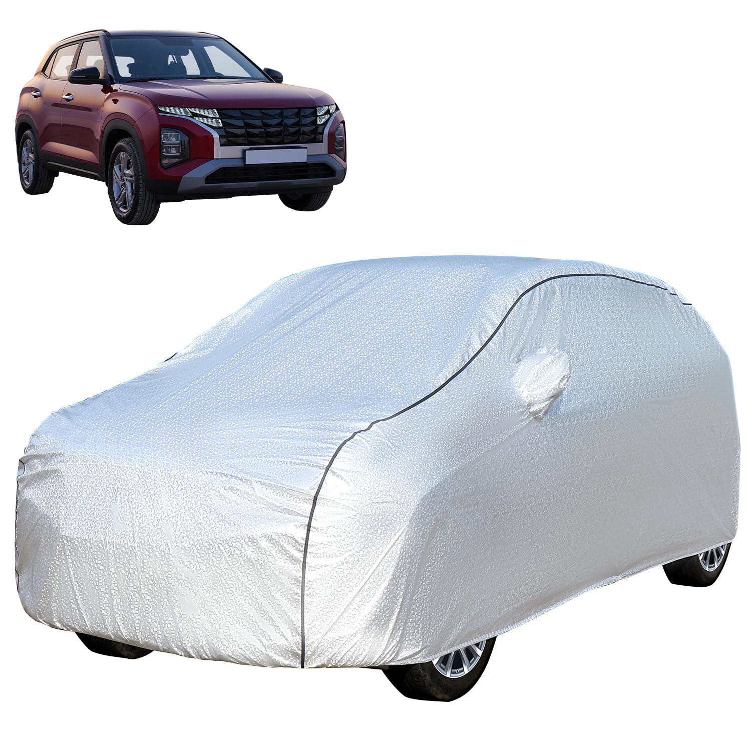 SOLIMO Waterproof CAR Body Cover for Hyundai Creta | Durable Polypropylene Material | UV Protection | Integrated Mirror (Silver)