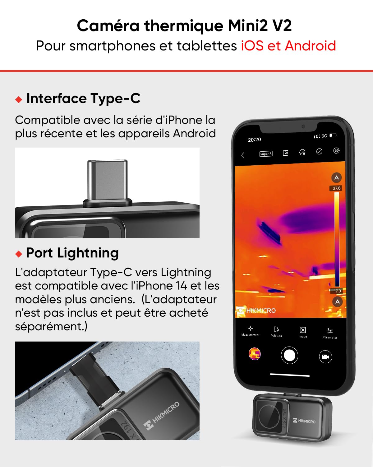 Caméra thermique HIKMICRO Mini2 V2 pour Android/iOS, résolution IR 256×192, caméra d'imagerie thermique, SuperIR 512×384, supporte iPhone 15/16/17, 25Hz, port USB-C/Lightning(Pas d'accessoires)