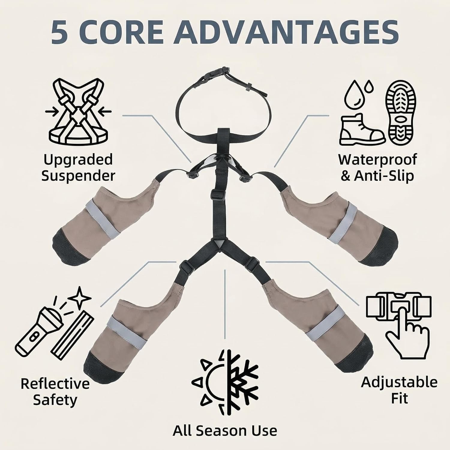 Waterproof Dog Suspender Boots - Reflective, Anti - Slip Dog Shoes with Adjustable Straps Stay - On Paw Protector for Outdoor Adventures in Rain & Snow (Khaki, XL)
