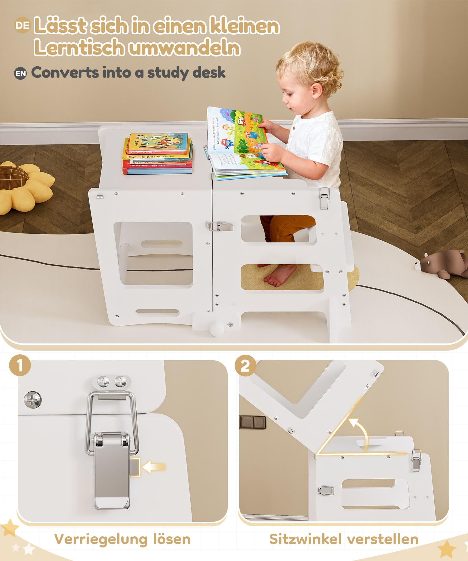 Yorbay 3 in 1 Lernturm ab 1 Jahr: Montessori Lernturm mit Tafel - Learning Tower für Kinder mit Sicherheitsfüßen - Der Tritthocker Verwandelbar in Kindertisch und Stuhl - für Küche Tisch Bad