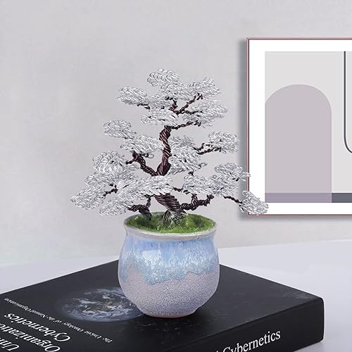Miniatura 4 de Yatming - Árbol bonsái de alambre de aluminio hecho a mano con base de cerámica, hecho a mano, árbol de dinero Fengshui artificial, decoración del