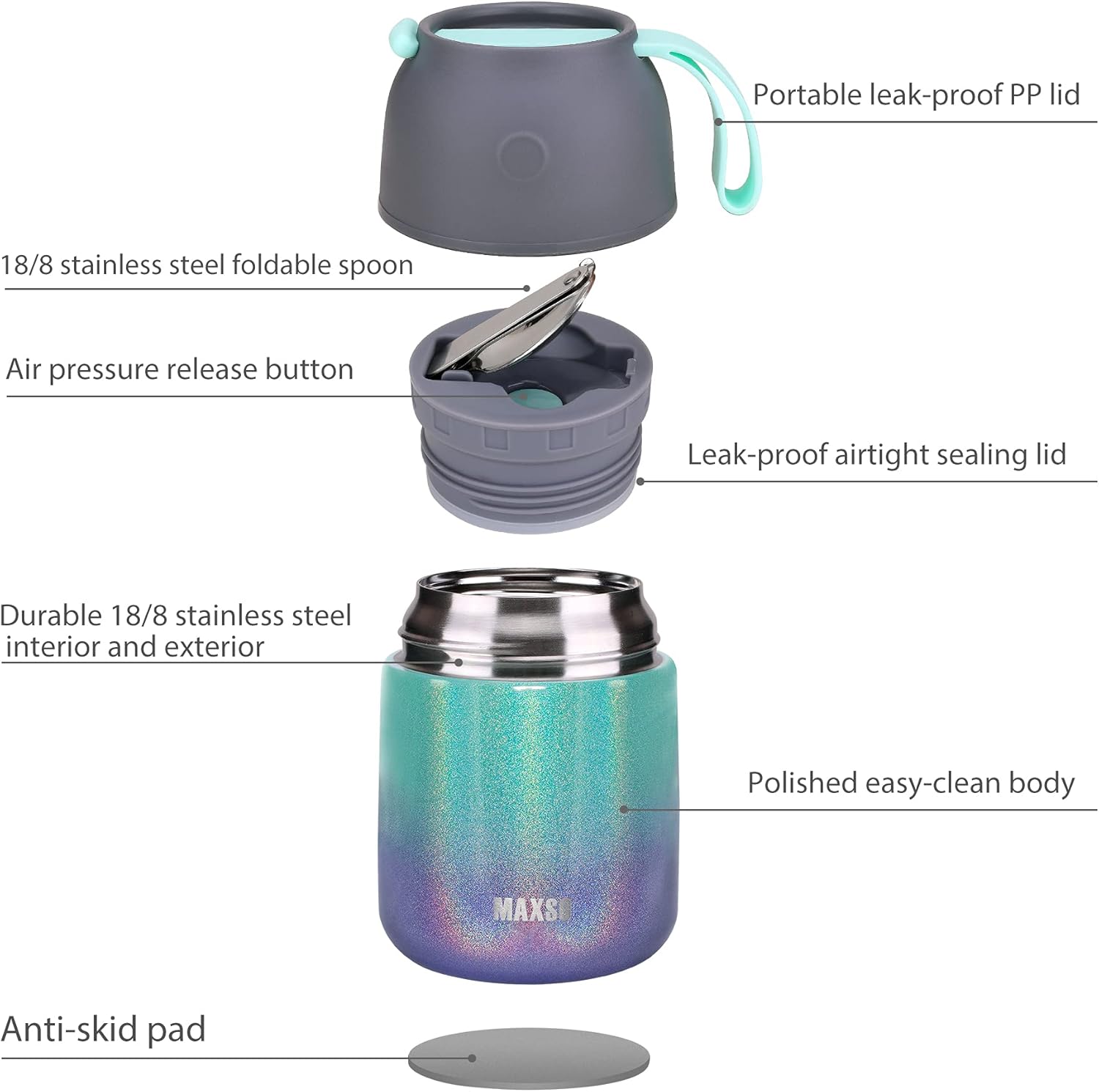 MAXSO Soup Thermo for Hot & Cold Food for Adults Kids, 17 oz Vacuum Insulated Steel Lunch Container Bento Box with Spoon, Leakproof Thermal Food Jar for School Office Travel - Rainbow - Image 2