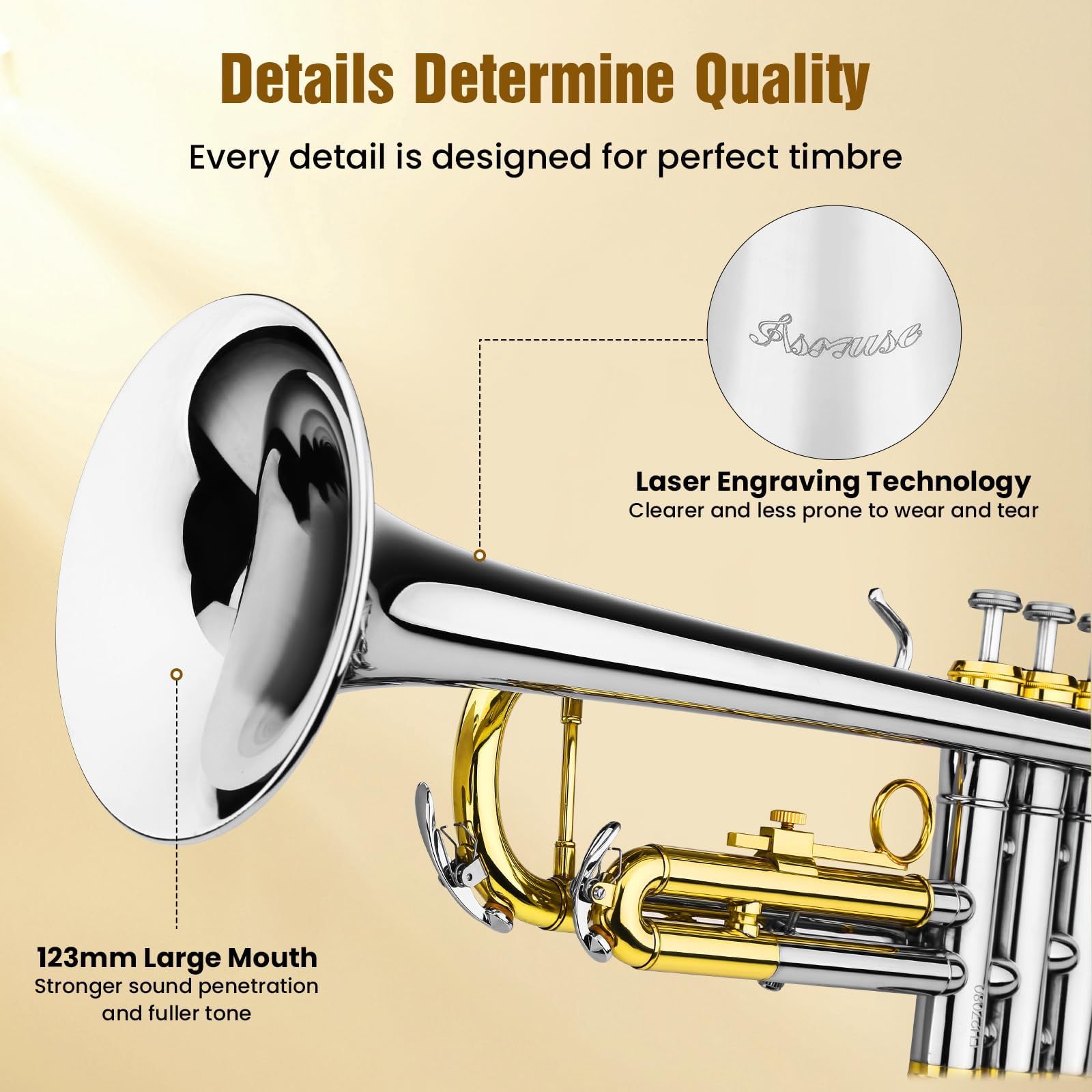 Asmuse Professional Trumpet Instrument Set,Student Trumpets for Beginners, Trompetas Musicales with Hard Case, Brass Instruments with Trumpet Cleaning Kit Gloves 7C Mouthpiece