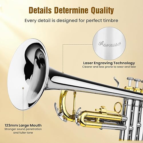 Miniatura 5 de Asmuse Bb - Juego de trompeta estándar para principiantes, instrumento de trompeta para estudiantes de latón con estuche rígido (dorado)