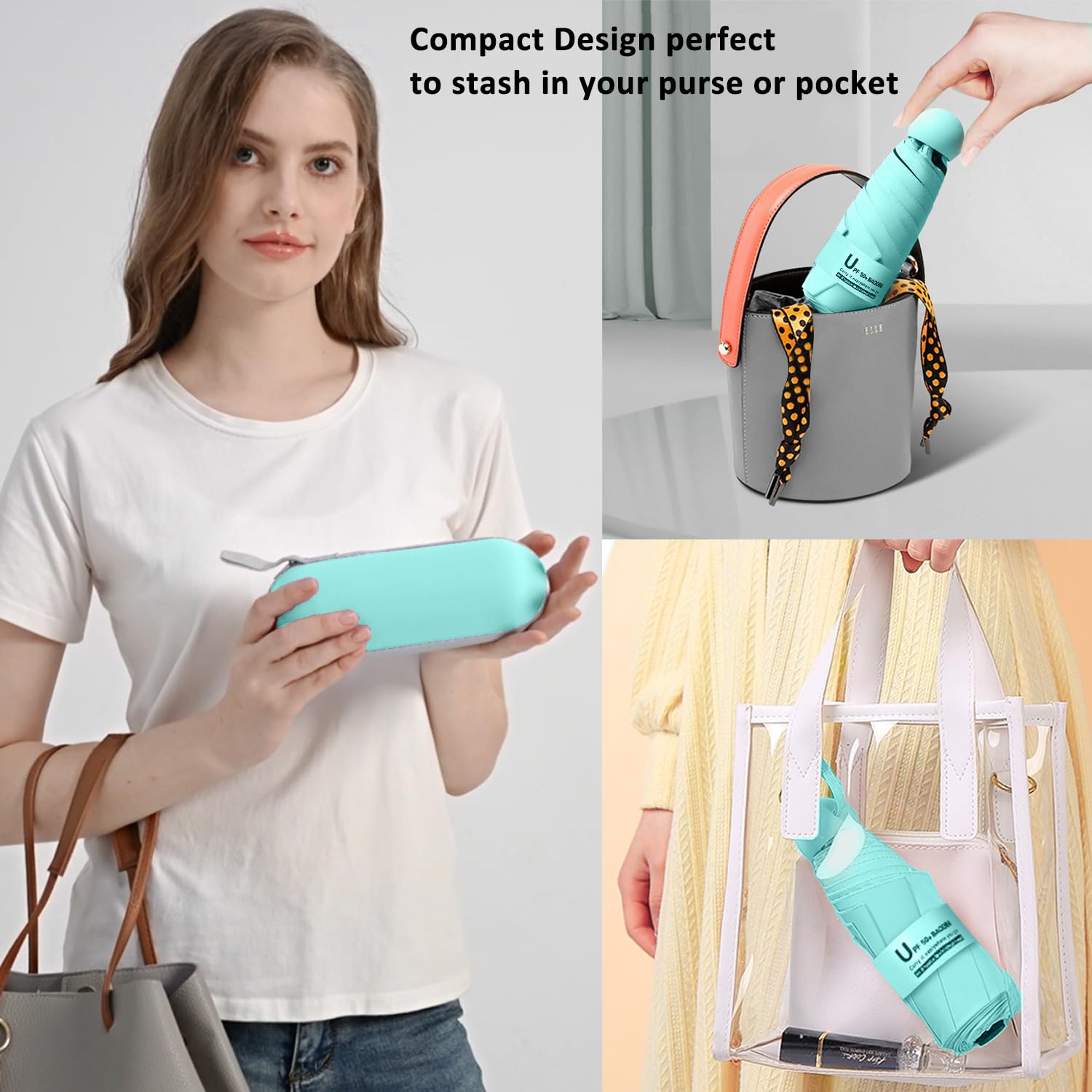 BAODINI Mini parasol podróżny do torebki z etui, mały, kompaktowy parasol chroniący przed promieniowaniem UV, lekki mały parasol kieszonkowy dla kobiet, dziewcząt, dzieci