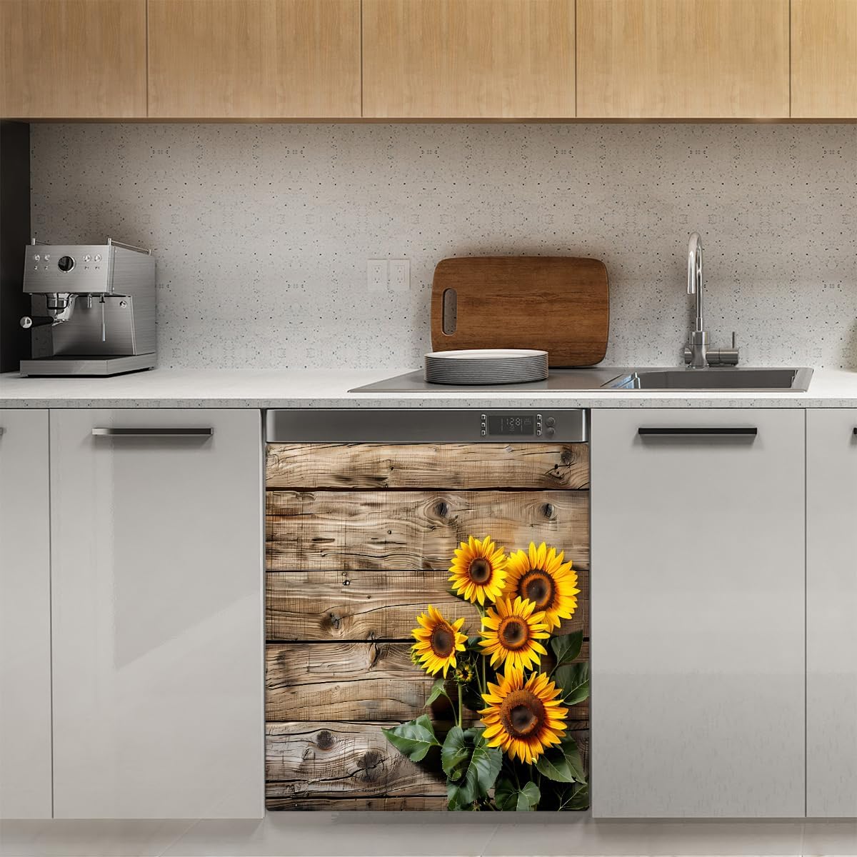 食器洗い機用マグネットカバー レトロ 木製 ひまわり 再利用可能 食器洗い機 マグネットカバーステッカー 装飾食器洗い機 ドアカバー