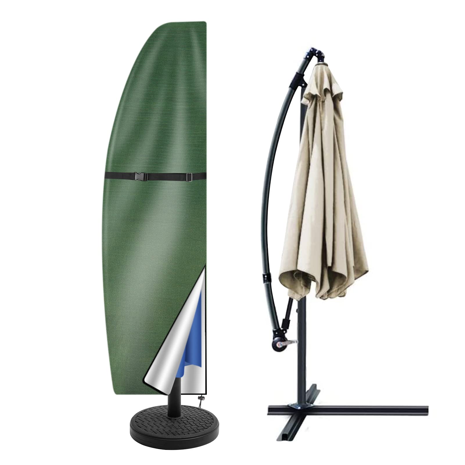 Teynewer Green Parasol Cover Waterproof, Cantilever Parasol Protective Covers With Telescopic Pole And Zipper Fit For 1 To 3 M Large Umbrella Patio Parasol Weatherproof Uv-Anti Windproof,