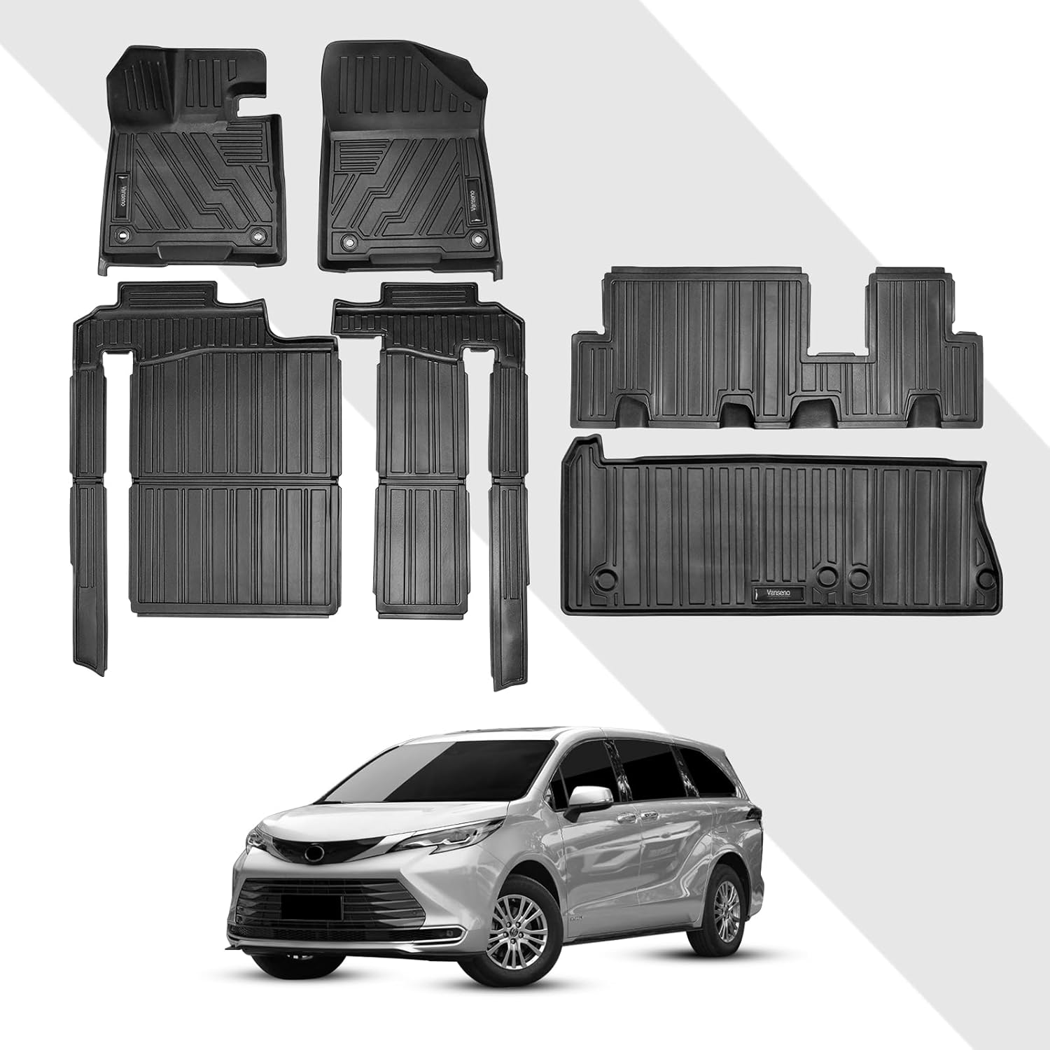 Vanseno Floor Mats and Cargo Liner Compatible for Toyota Sienna 2026 2025 2024-2021 8 Seat Trunk Mat Upgrade All Weather TPE Mats for 2021-2026 Sienna Accessories (Only for 8 Seater with Spare Tire)