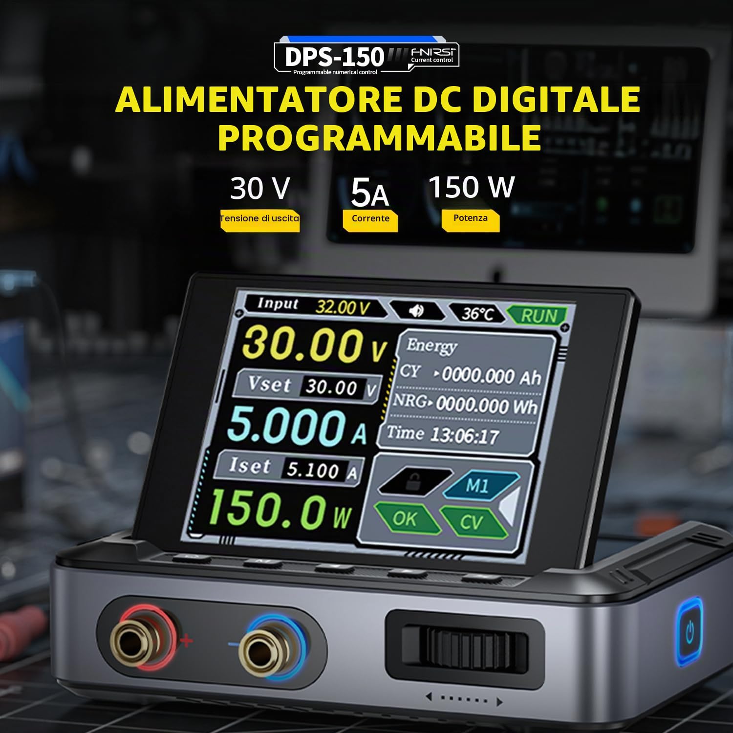 Alimentatore DC Variabile,DPS-150 Alimentatore CNC DC Regolabile da 30V 5A con Display IPS a 4 Cifre,Ondulazione di Potenza <20mV, Ingresso PD/QC/DC
