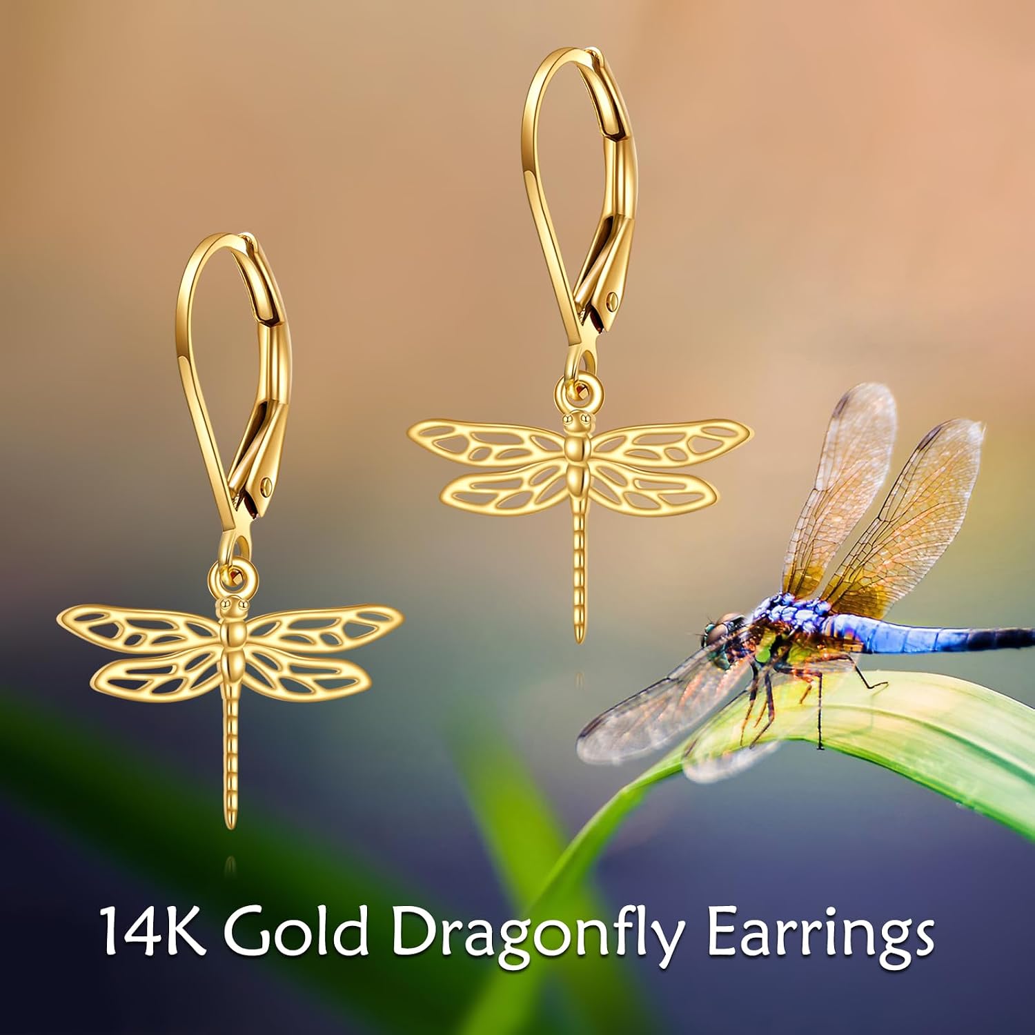 Gold Dragonfly Earrings Gifts 14k Gold Small Dragonfly Leverback Dangle Drop Earrings Jewelry for Women
