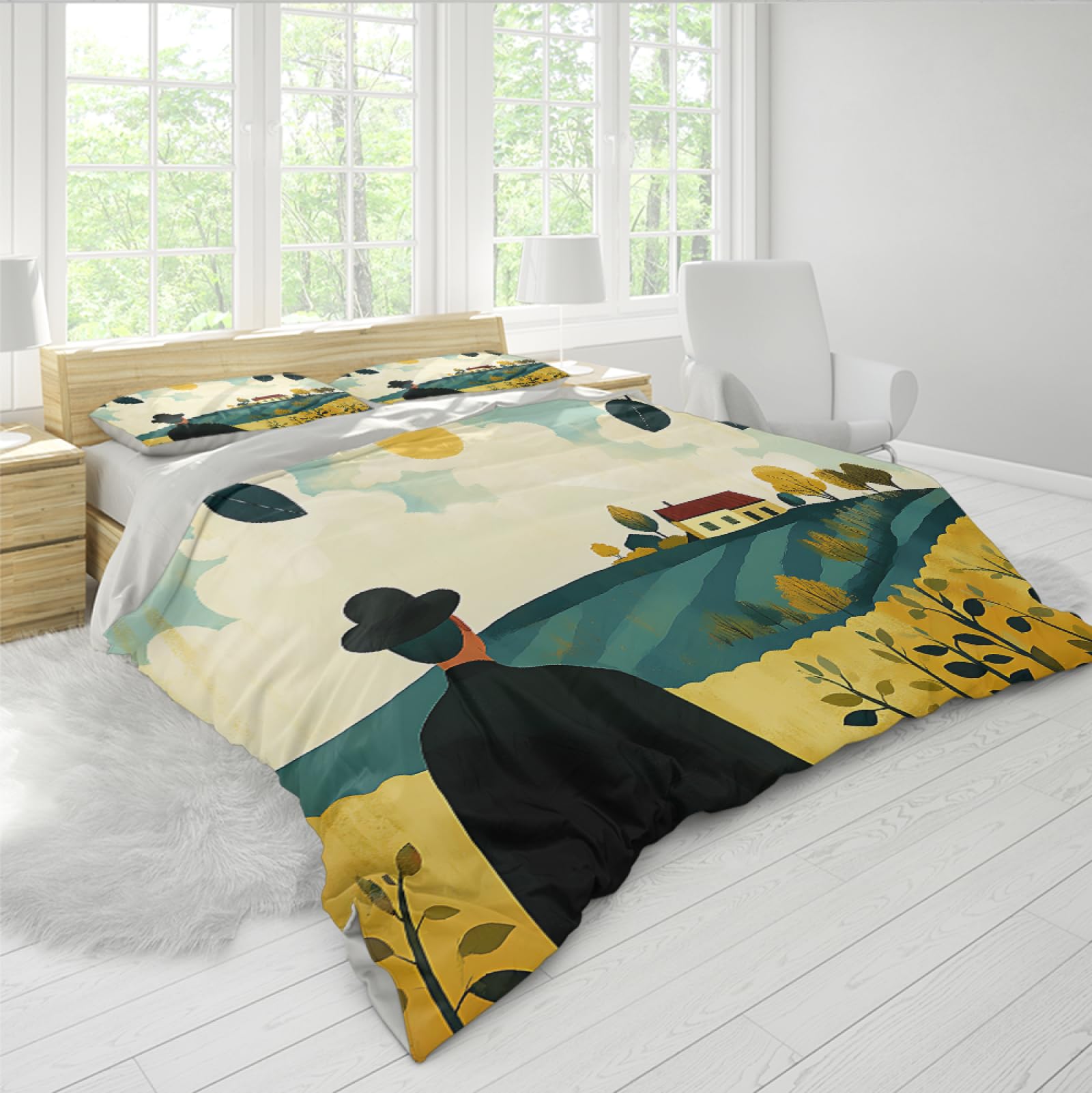 Diseño de Dibujos Animados Funda nórdica Hombre Mirando la casa 3 Piezas Juego de Funda nórdica con Cremallera 4 Lazos Juego de Ropa de Cama Suave y Acogedor con 2 Shams 220x240cm