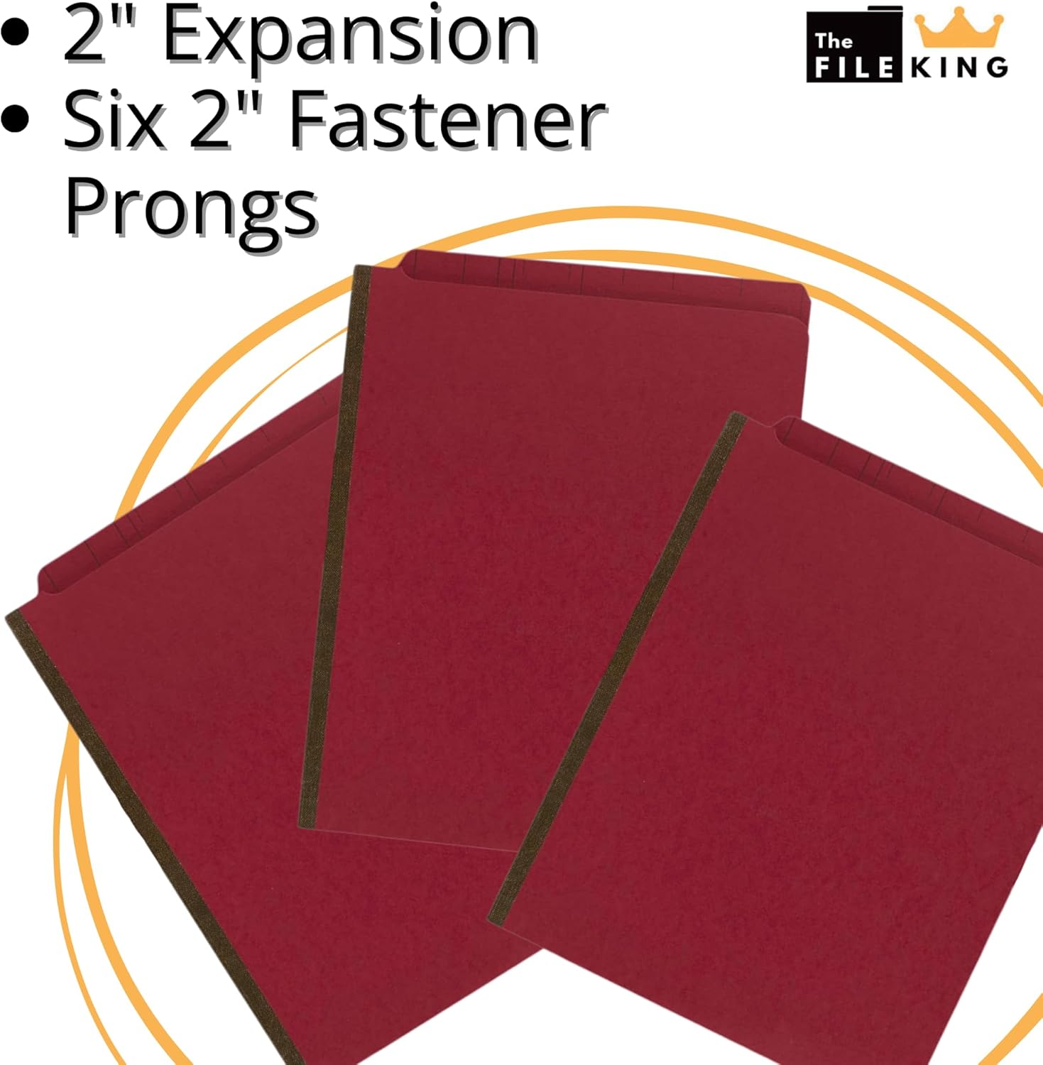 The File King Two Divider Pressboard Classification Red File Folder - Letter Size | Box of 10 | End Tab | 2” Expansion | Six 2-Inch Fastener Prongs | Made in America