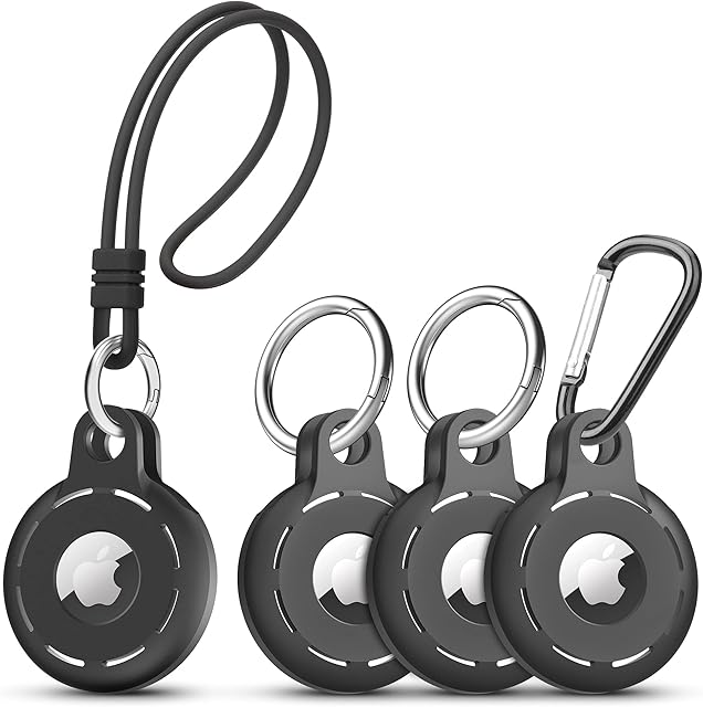 Migeec Pendant Protective Case for AirTag with Sound Holes and Keychain Hook Strap, Safety Anti-Lost Portable Silicone - Pack of 4 (Black)