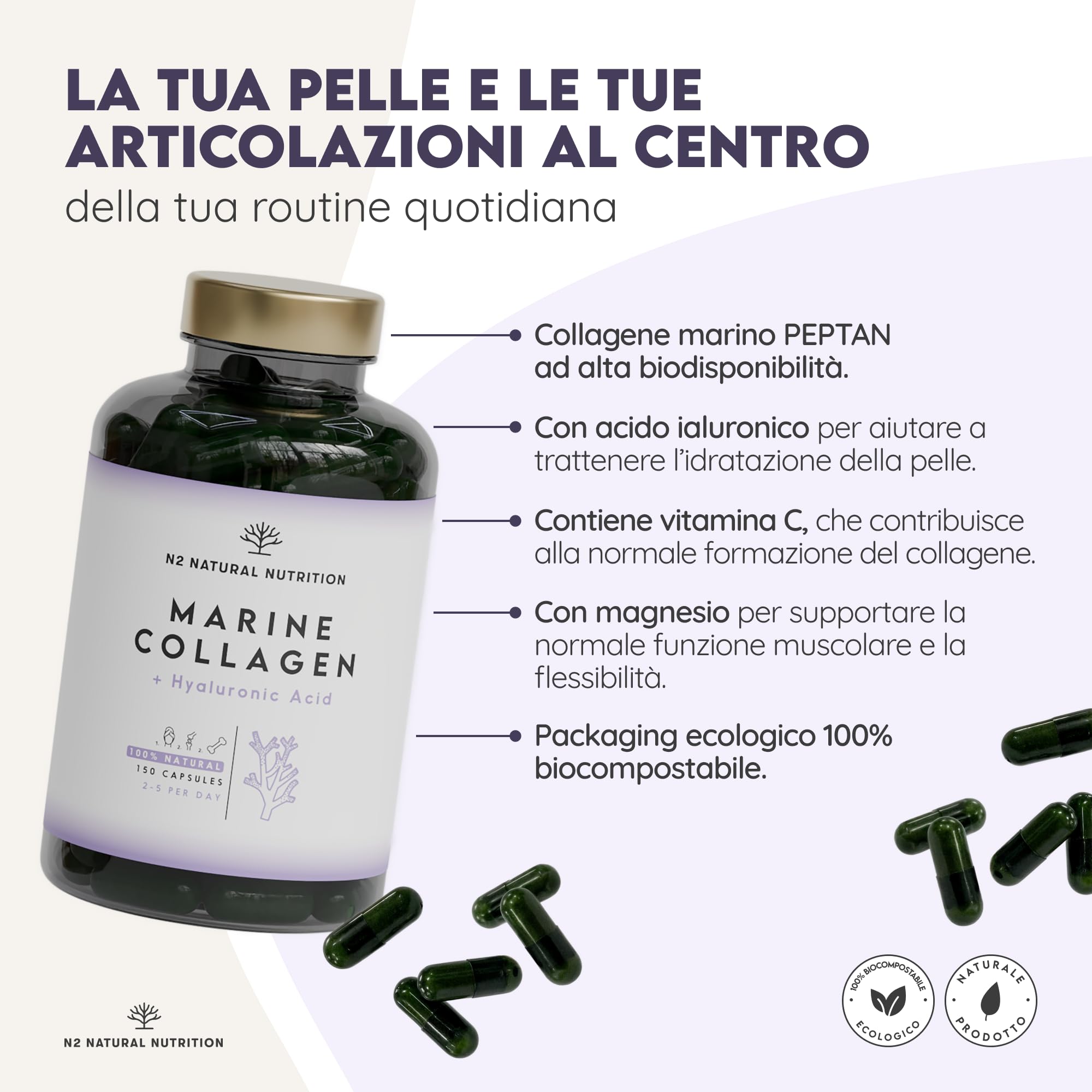Collagene Marino con Acido Ialuronico (PEPTAN) + Omega 3 2000 mg, Pelle, Articolazioni, Cuore e Cervello. 75 Giorni + 120 Softgel