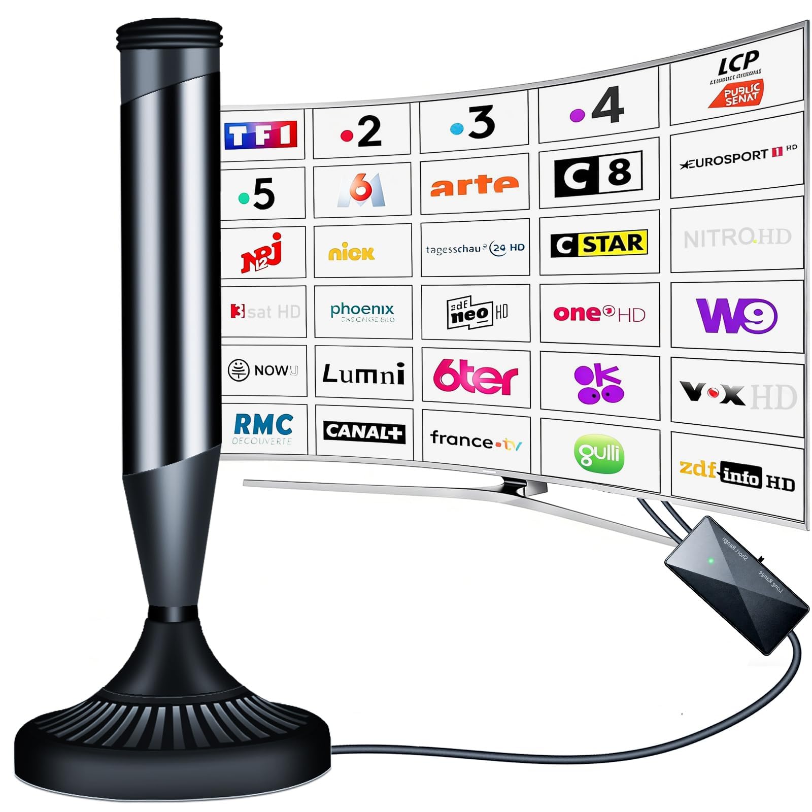 Antenne TV Intérieur Puissante avec Base Magnétique et Amplificateur, Compatible 4K 1080P pour Toutes Les Chaînes Gratuites TNT, Câble Coaxial 5m (Black-410)