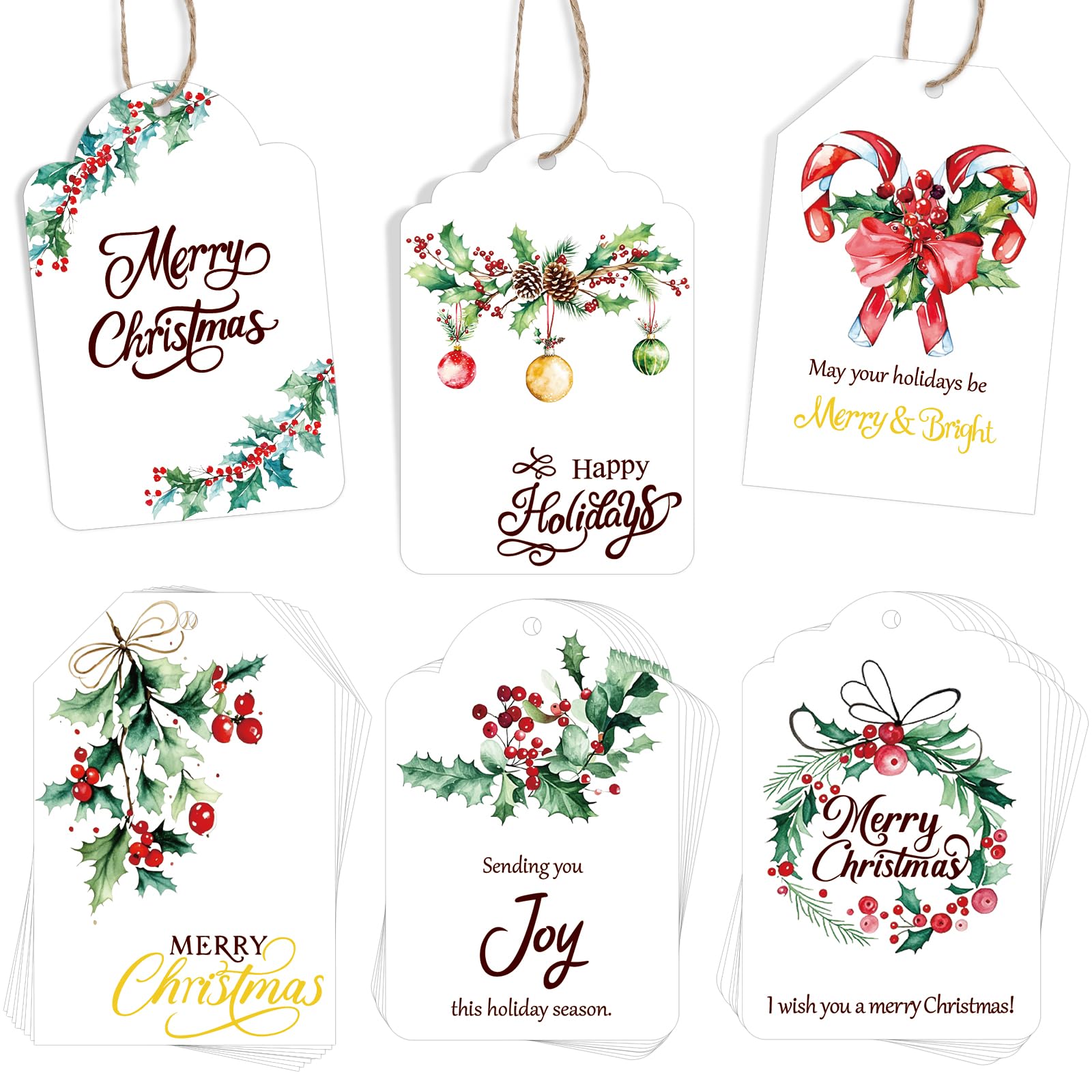 Veylin White Christmas Tags, 60 Colorful Christmas Kraft Paper Tag Glitter Present Wrap Hanging Labels With String (White)