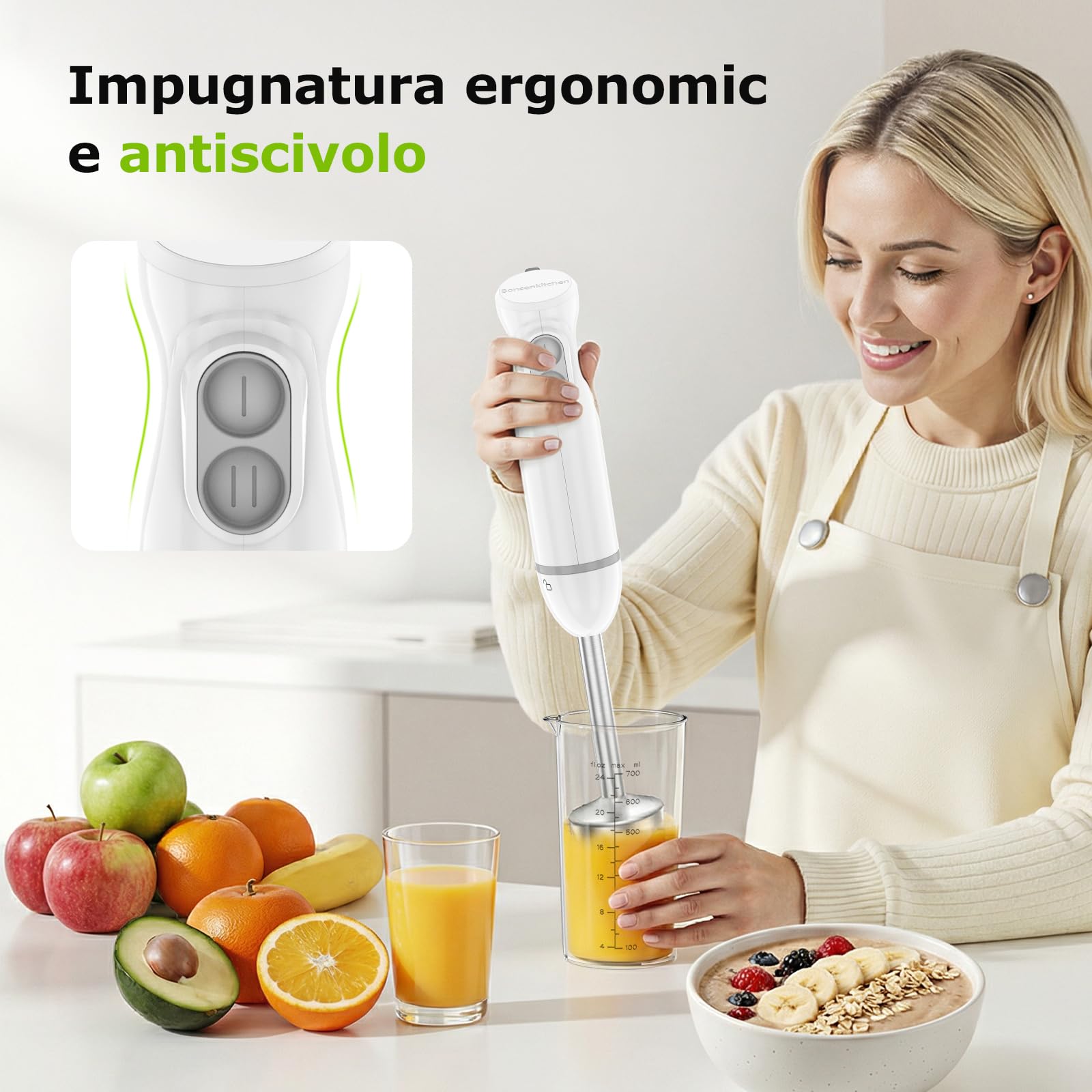 Bonsenkitchen Frullatore a Immersione 2 in 1, 1000 W, Frullatore in acciaio inox, 2 Velocità, con Misurino da 700 ml con Coperchio, per Pappe, Zuppe, Frullati, Puree