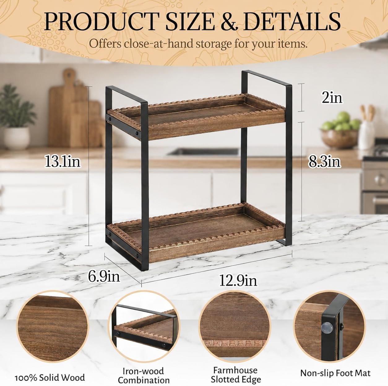 Coffee Station Organizer, 2 Tier Wooden Shelf for Coffee Bar Accessories with Multi-Functional, Farmhouse CoffeeBar Decor for Tea Bags Pods Syrup Kcup, Condiment Caddy for Kitchen Home Office, Brown