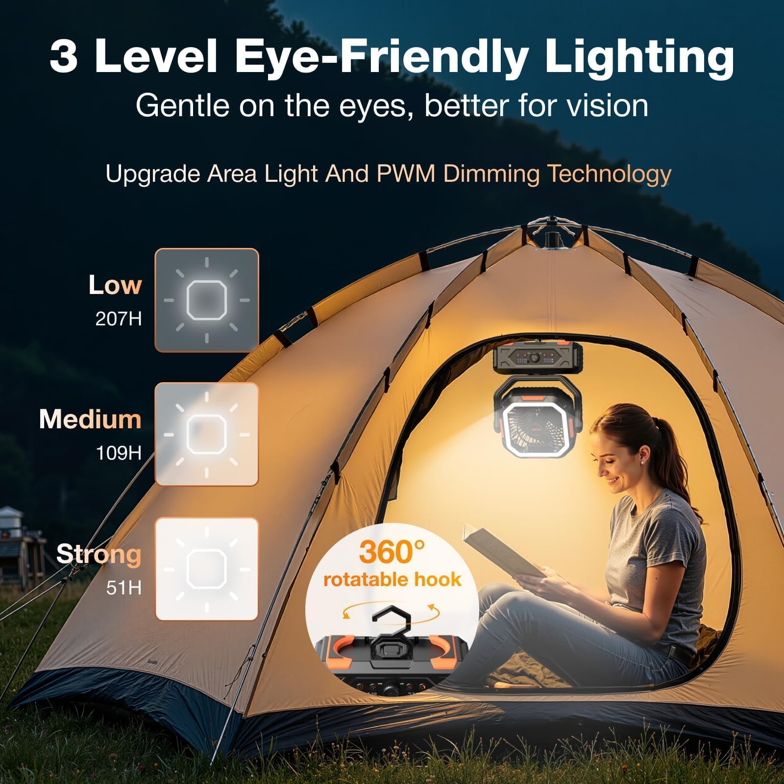 OGERY Ventilatore portatile ricaricabile, 30000 mAh, ventilatore da campeggio per tenda, camper e esterni con durata fino a 322 ore, ventilatore alimentato a batteria con telecomando, lanterna LED