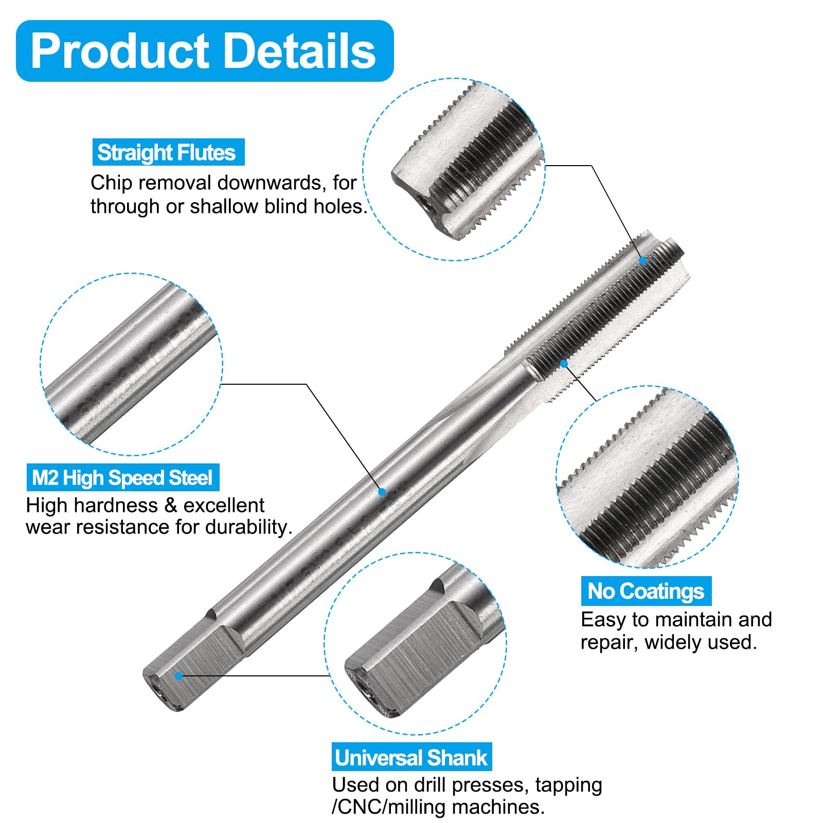 Uxcell M8 X 1.25 Left Hand Straight Flute Tap – Titanium Coated M35 Cobalt HSS, 70mm Length