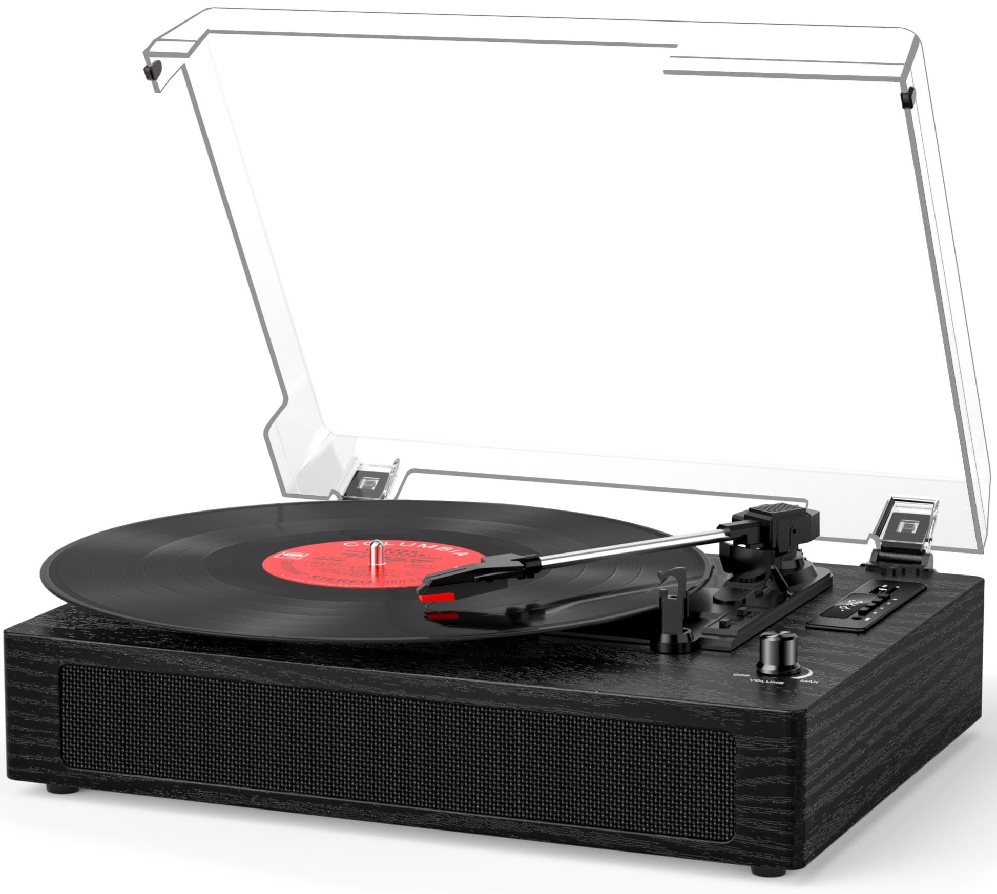 Vinyl Record Player with Built-in Stereo Speakers, Bluetooth & Recording Vinyl to USB/TF Card, Vintage 3-Speed Belt-Drive Turntable with EQ, Auto Stop, AUX & RCA Out, Black Wood-image-15
