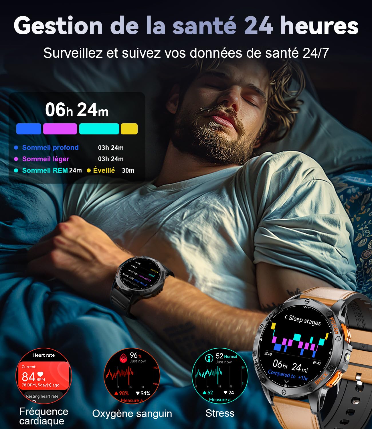 DREMAC Montre Connectée Homme 48mm,GPS Intégré,Lampe de Poche,Montre de Fitness avec 70+ Modes Sportifs,24/7 Surveillance de la Santé,30 Jours Batterie,IP68 Étanche pour iOS Android