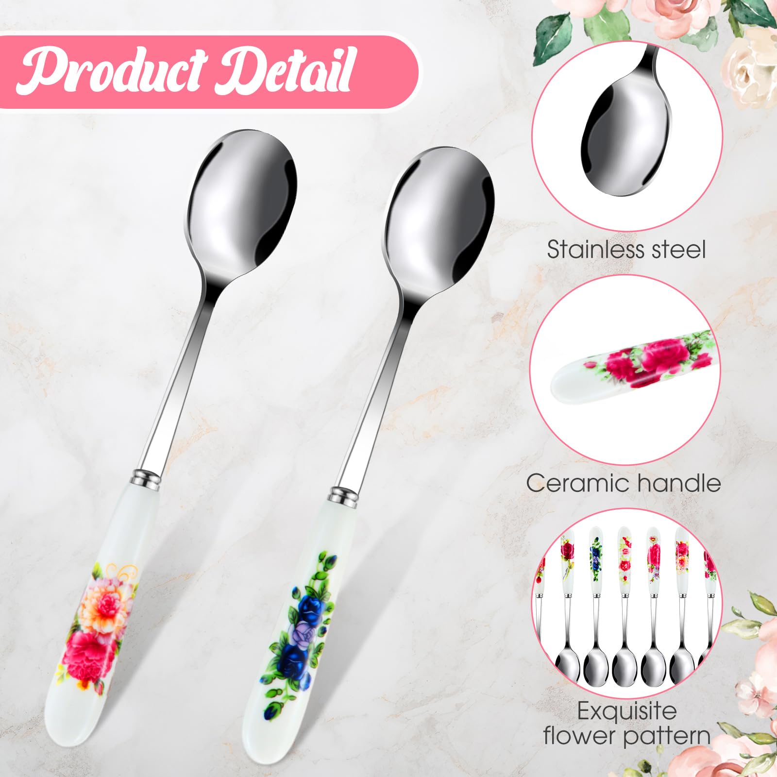 Hushee Lot de 36 cuillères à café vintage en acier inoxydable de 15,2 cm avec poignée en céramique - Cuillères à café chinoises à motif floral - Cuillères à soupe et sucre - Pour la maison, le thé