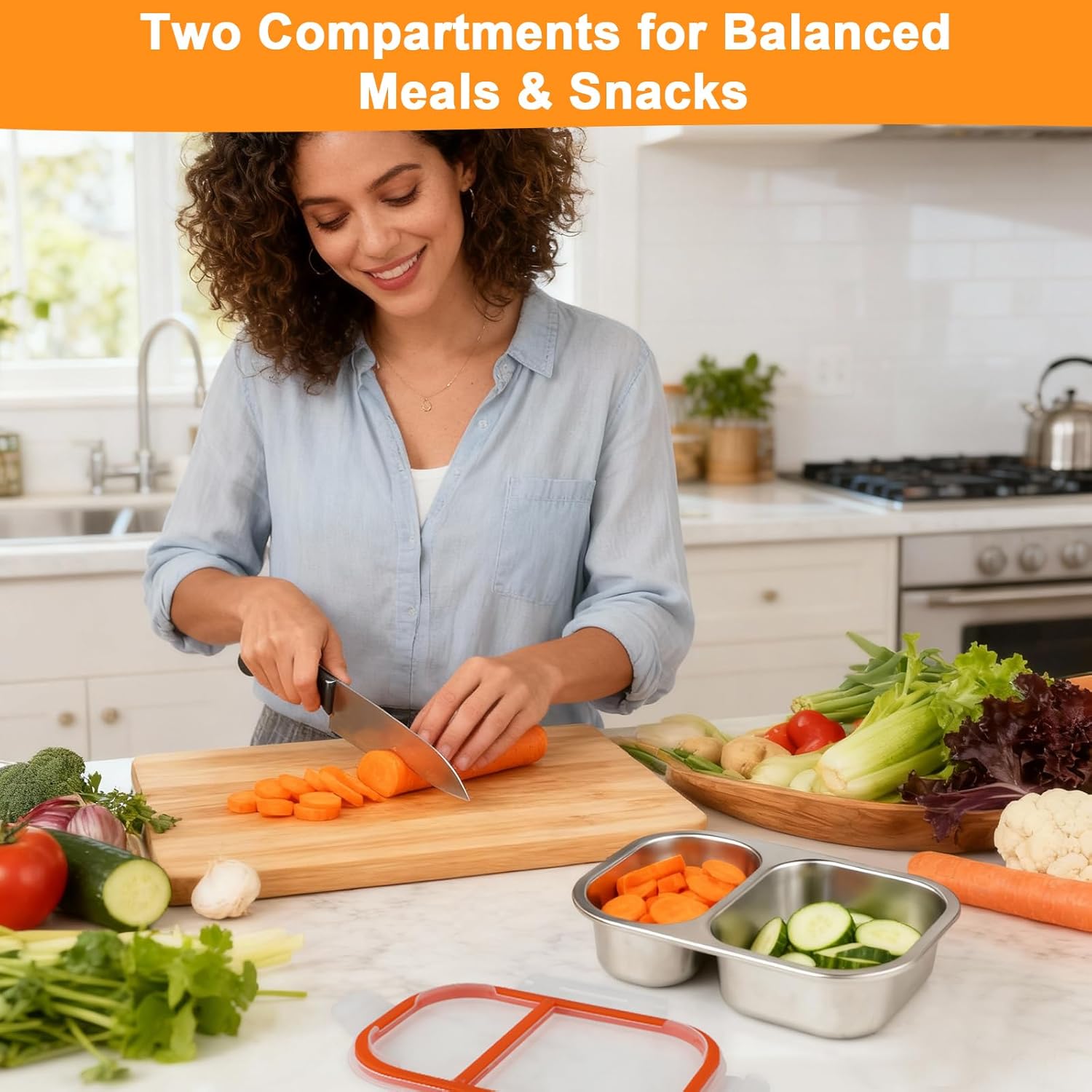 2 Pack Stainless Steel Snack Containers with Lids, 2-Compartment 27oz Leakproof Snack Box for Kids & Adults, Reusable Food Storage Container for School, Office, Travel, Portion Control - Image 3