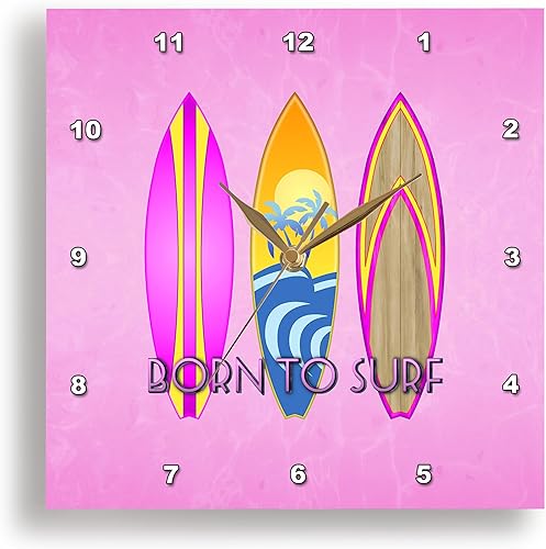 3dRose Reloj de pared silencioso - 10 pulgadas - Rosa Nacido para surfear con tres tablas de surf retro. - Creative Studios - Surfing
