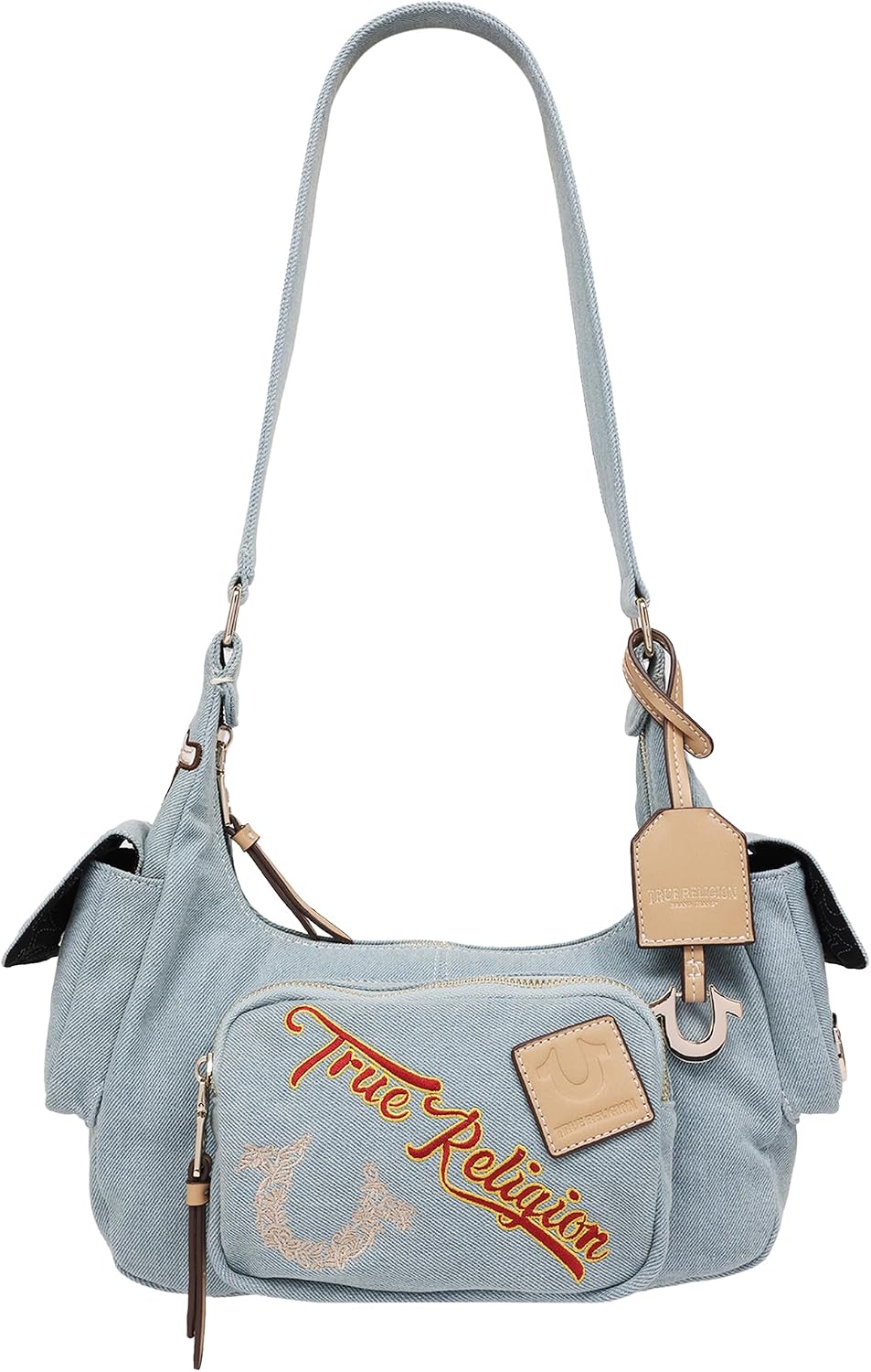 True Religion Denim Hobo Bag | Denim | Hobo Bags for Women with Logo Patches | Shoulder Purse | Casual Street Style Womens Handbag