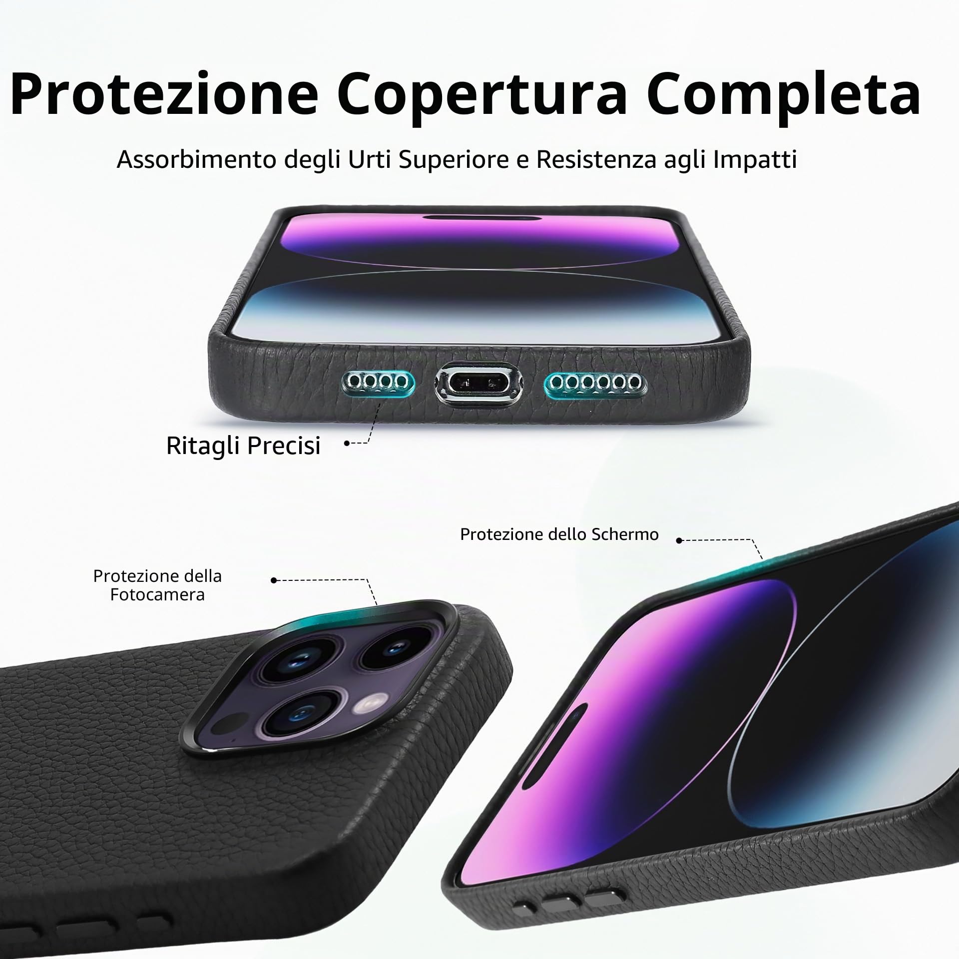 Custodia in pelle per iPhone 16 Pro Max compatibile con MagSafe - Elegante custodia per cellulare in pelle di vacchetta con grana litchi e fodera protettiva morbida, 6,9 pollici