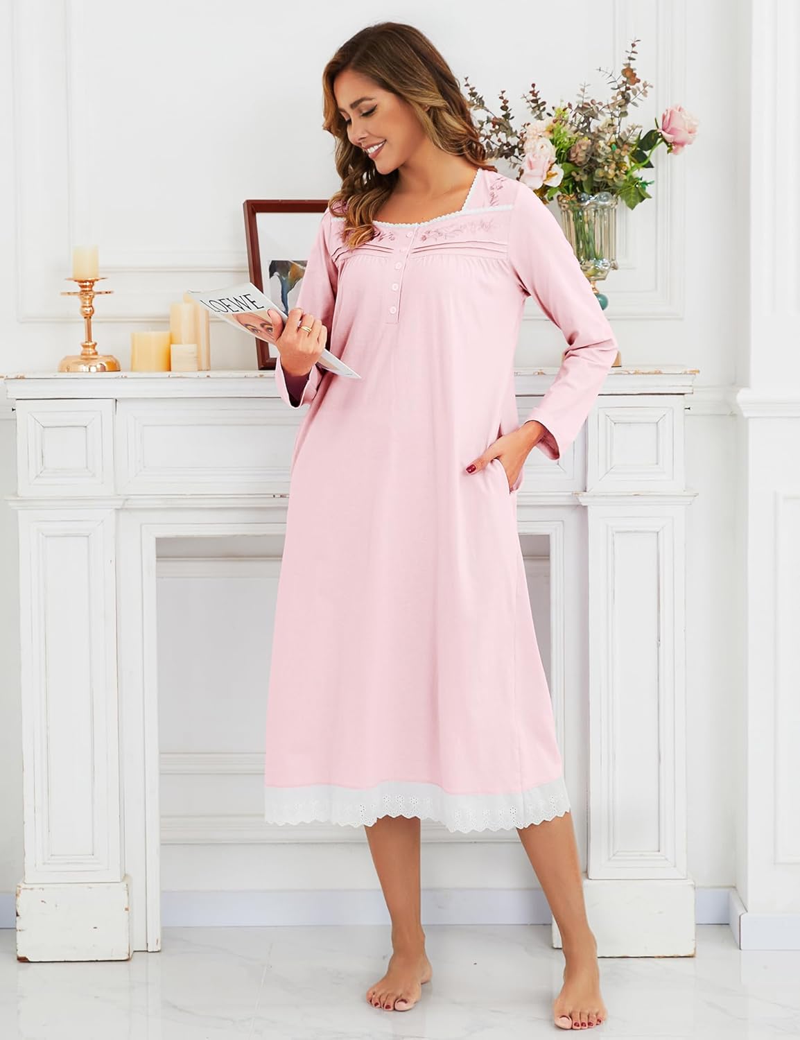 Nightgowns for Women Soft 100% Cotton House Dress Embroidery Long Sleeve Night Gowns Comfy Long Sleepwear - Image 2