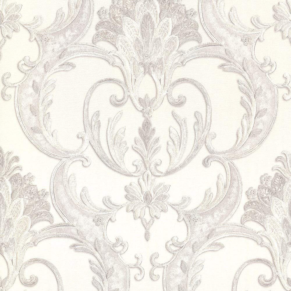 Debona Perla Damask Silver Wallpaper 9092 - Textured Italian Vinyl Glitter