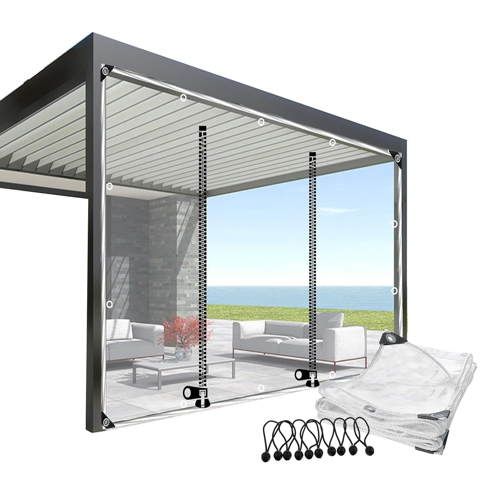 Tonuuoei Outdoor Clear Tarp Curtain Heavy Duty Waterproof Tarpaulin Side Panels with Zip Door Partition Rain for Pergola, Porch, Gazebo, Patio(1.5x2.5m/4.9x8.2ft)