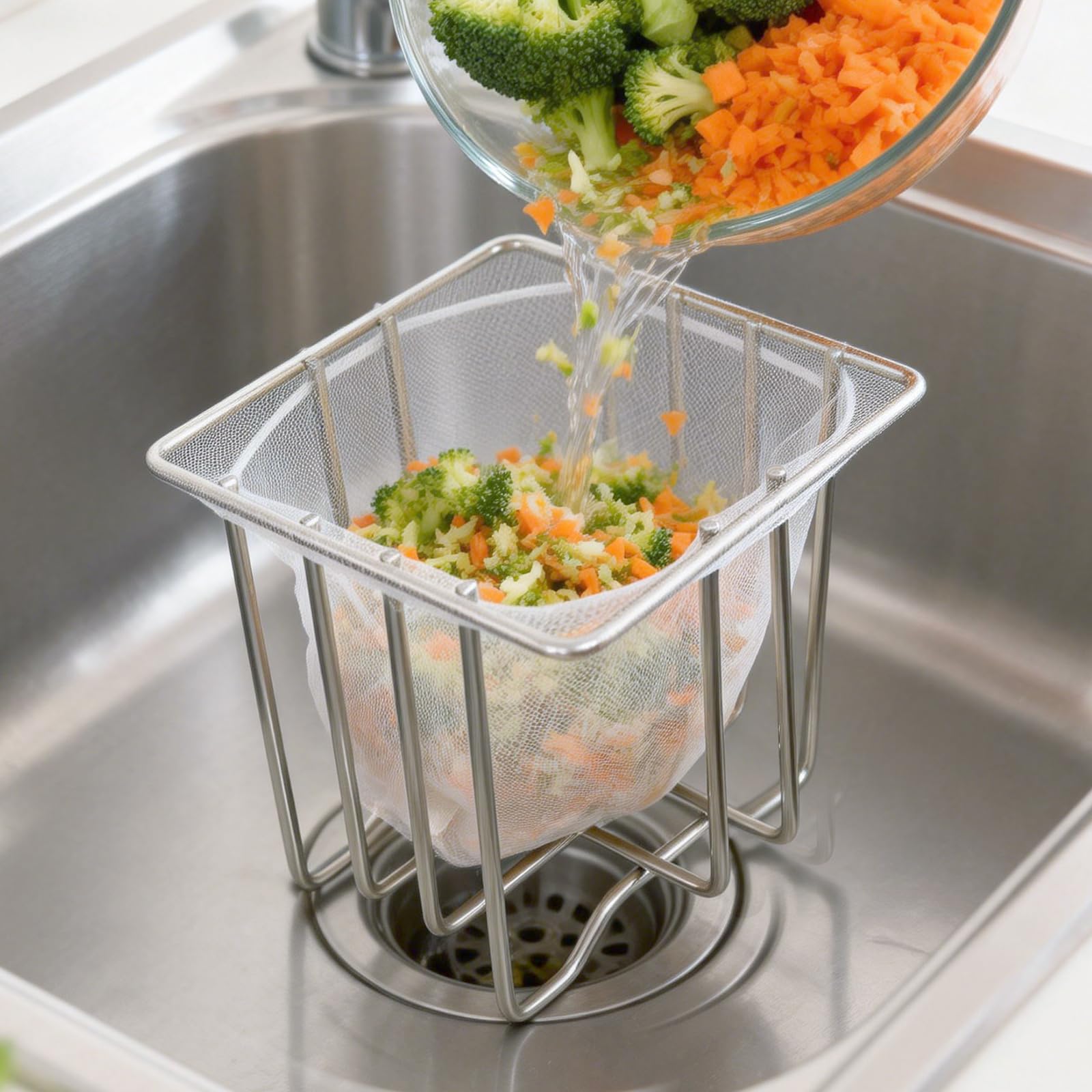 Sink Strainer Basket,Stainless Steel Sink Strainer with 100 Mesh Bags,Sink Food Catcher,Kitchen Gadget Strainer,Space Saving Corner Basket to Prevent Clogs from Food Scraps, Tea & Coffee